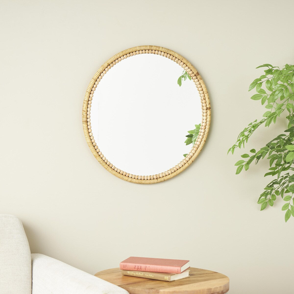 Bamboo Wood Wrapped Room Wall Mirror with Beaded Frame - Brown - Roche River Decor