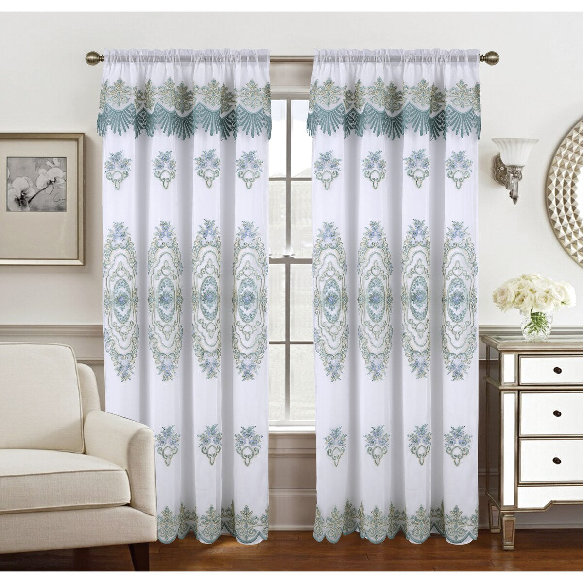 Dayton Embroidered Window Curtain Panel with Attached Valance