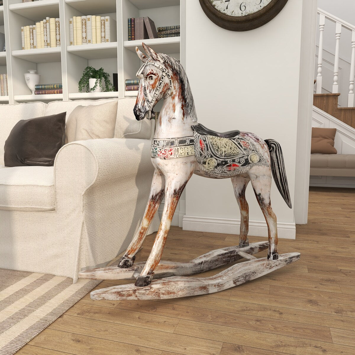 Wood Horse Rocking Decorative Sculpture with Brown Distressing and Colorful Accents - Beige - Roche River Decor