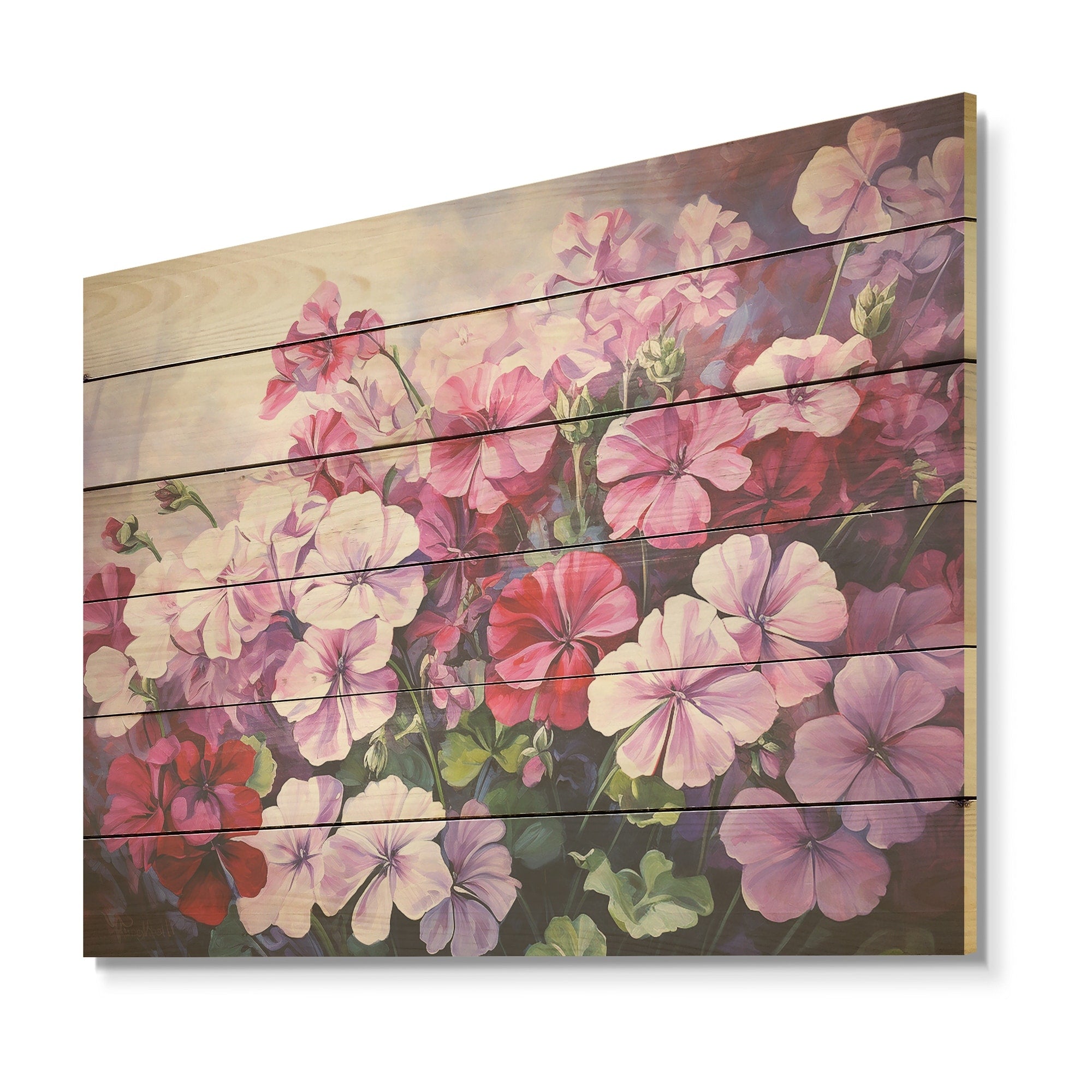 Designart Pink Geraniums Still Life Bloom Flowers Wood Wall Decor - Traditional Pink Wood Panel On Natural Pine Wood