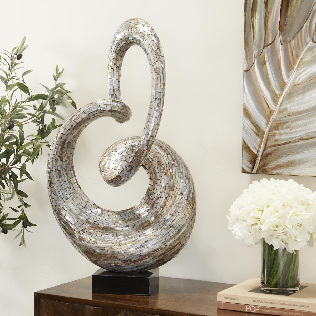 Mother of Pearl Shell Abstract Swirl Decorative Sculpture with Black Base - Gray - Roche River Decor