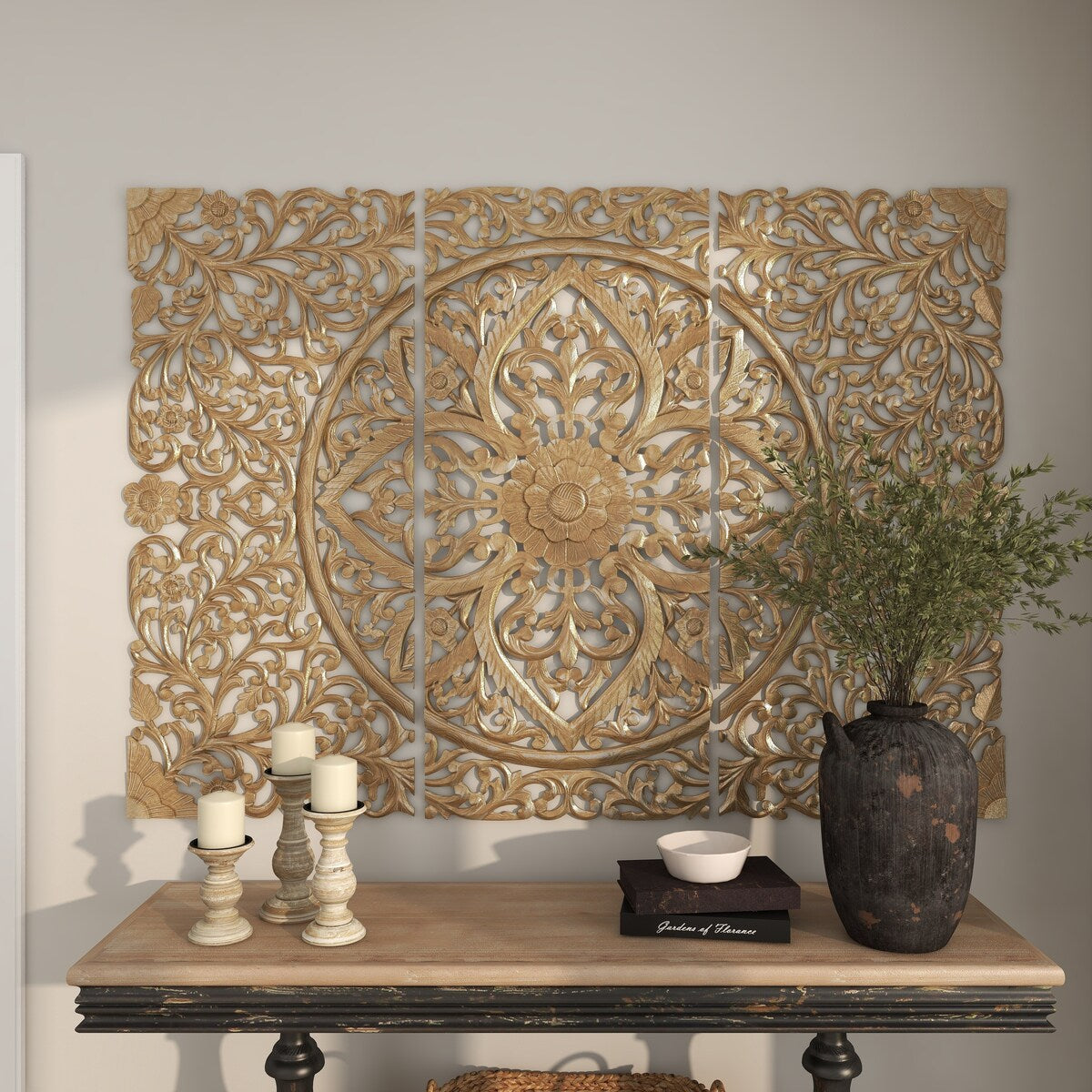 Wood Floral Handmade Intricately Carved Home Wall Decor with Mandala Design - Set of 3 Gold - Roche River Decor