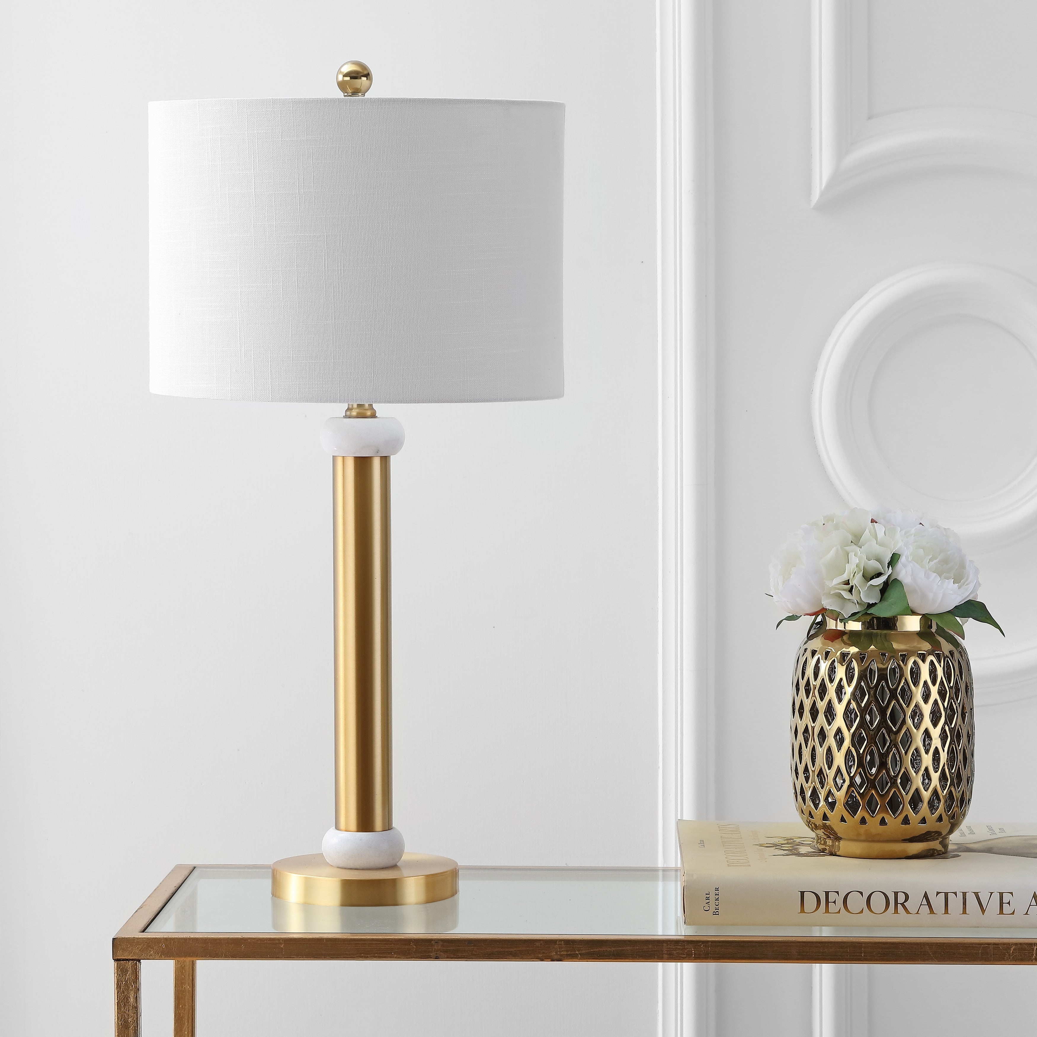 Treat 27 Metal/Marble LED Table Lamp, Gold/White by JONATHAN Y