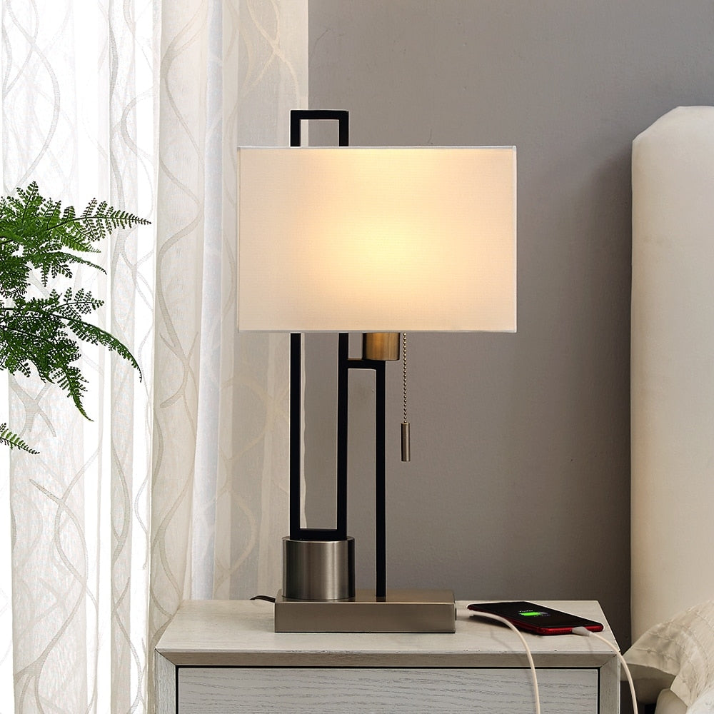 Matte Black/Brushed Nickel Table Lamp with USB Port and White Linen Shade， 9.5W LED Bulb Included - 21 H