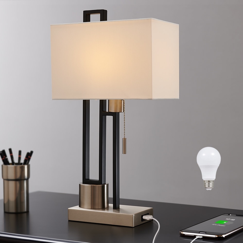 Matte Black/Brushed Nickel Table Lamp with USB Port and White Linen Shade， 9.5W LED Bulb Included - 21 H