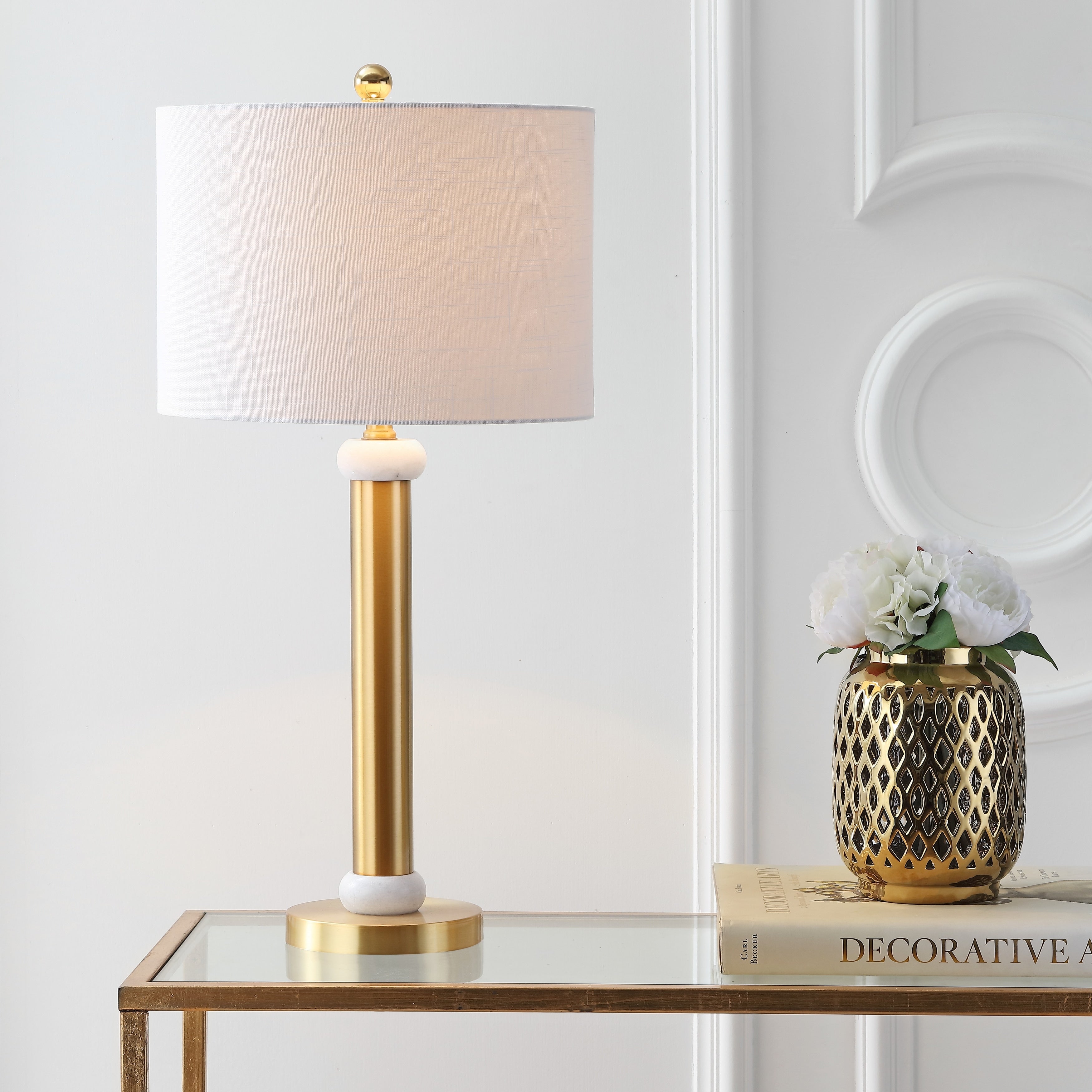 Treat 27 Metal/Marble LED Table Lamp, Gold/White by JONATHAN Y