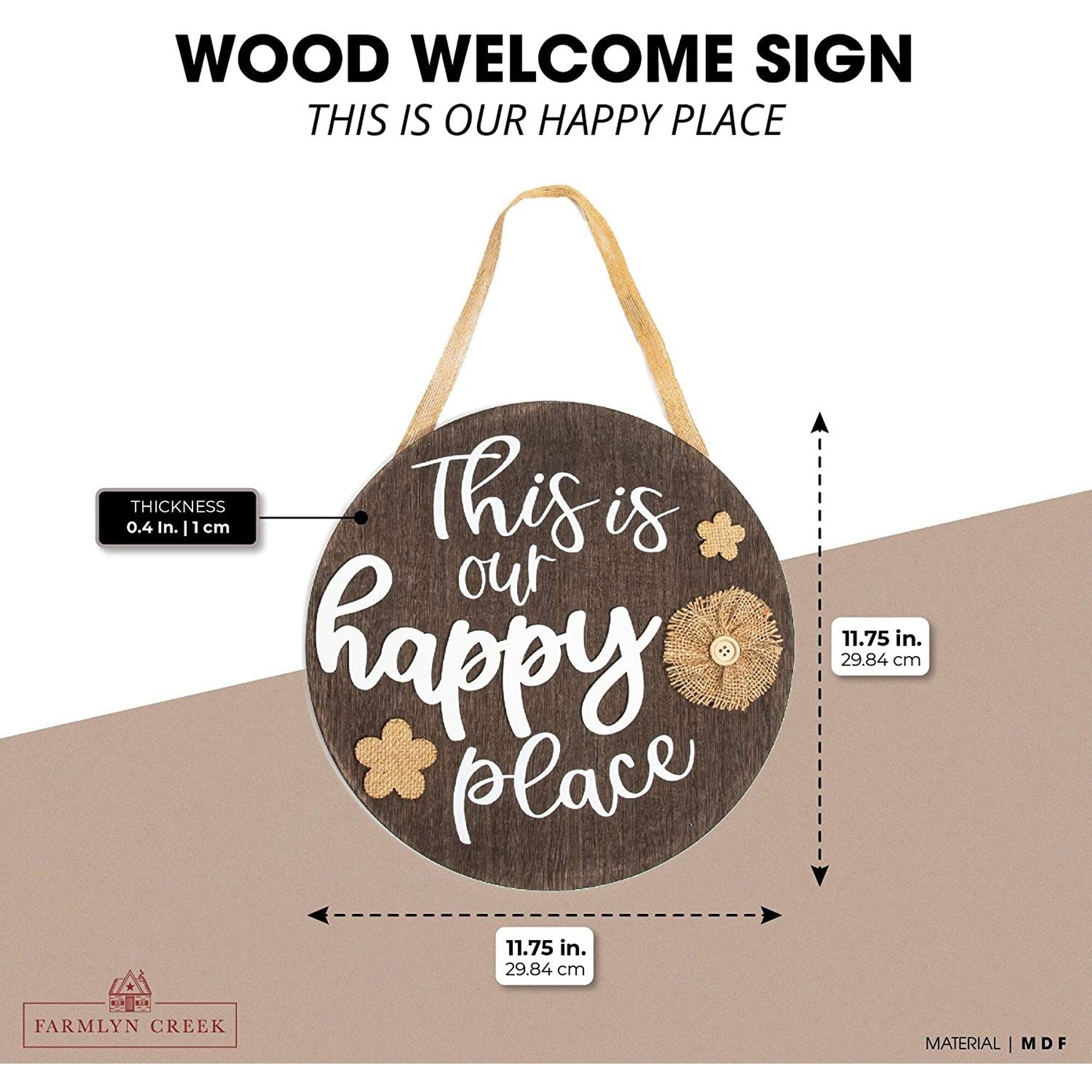 Farmlyn Creek Hanging Wood Sign with Burlap, This is Our Happy Place (11.75 x 11.75 Inches)