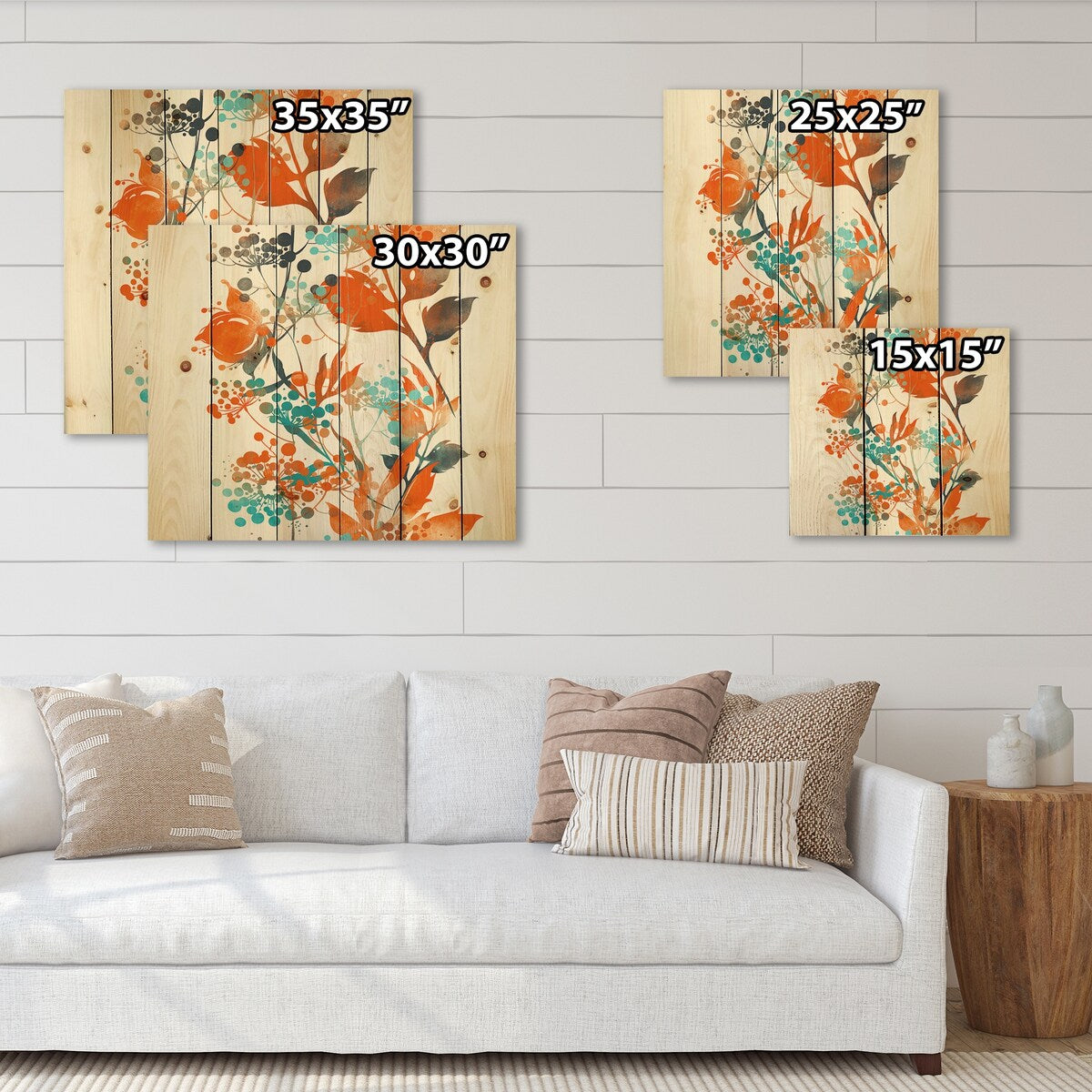 Designart 'Green and Orange Wildflowers III' Modern Print on Natural Pine Wood