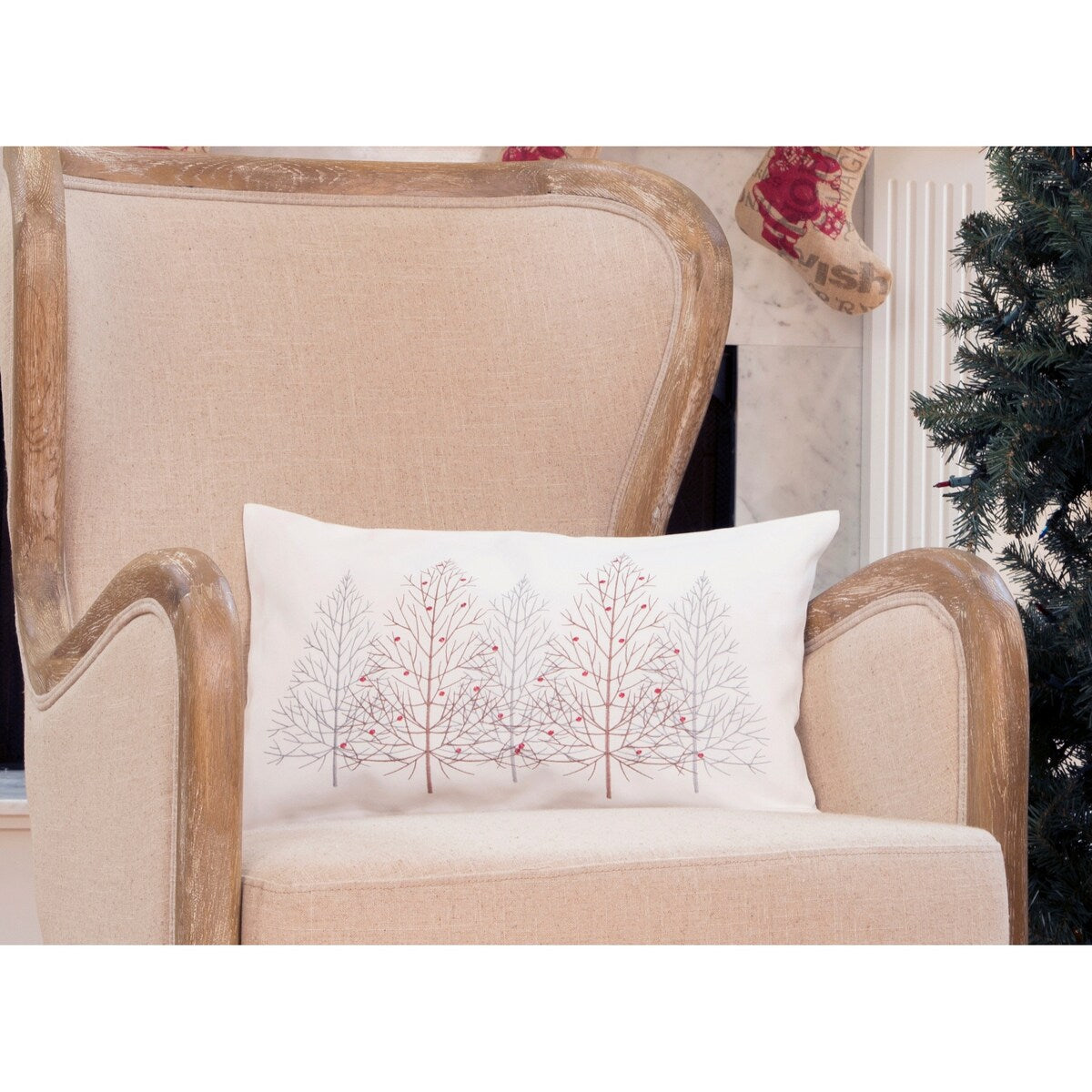 Festive Trees Embroidered Christmas Pillow, 12 by 20-Inch, White