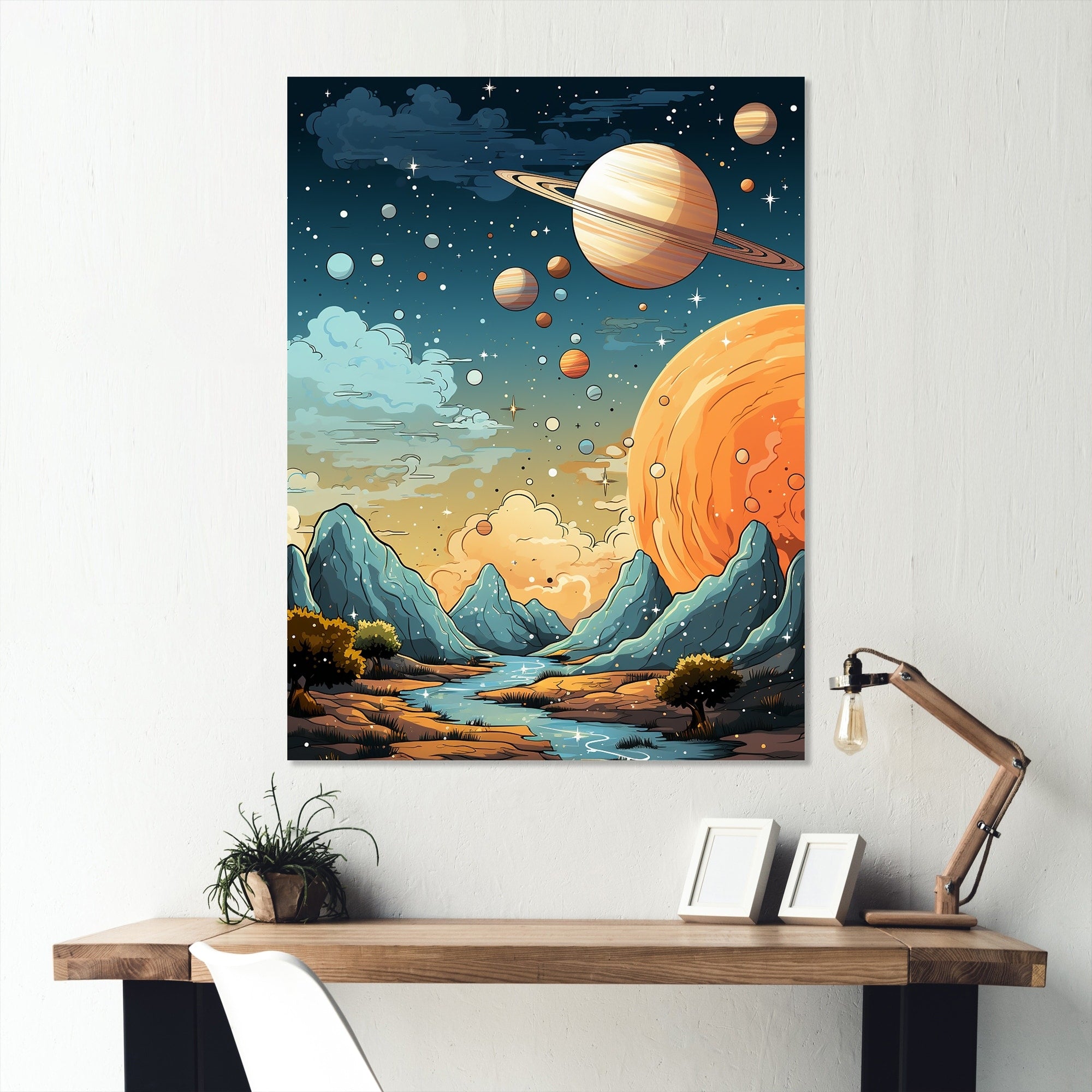 Designart Blue And Orange Cosmic Planet Constellations II Space Planet Metal Art Astronomy & Space Metal Art Work