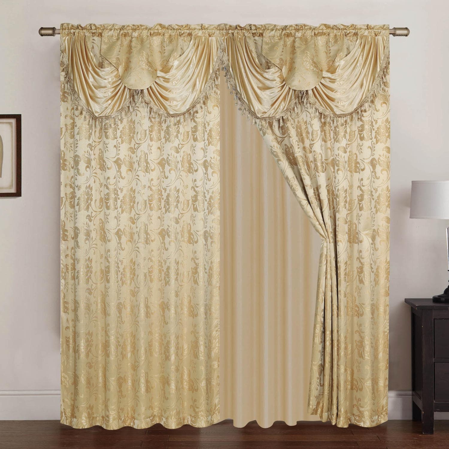 Clayton Jacquard Rod Pocket Curtain Panel Pair with Attached Valance