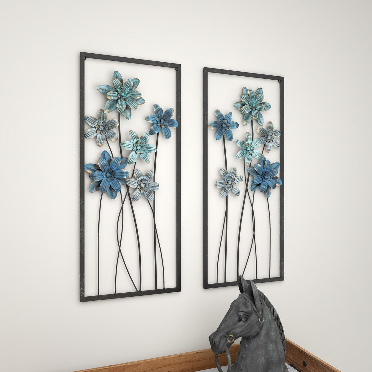 Metal Floral Home Wall Decor with Black Frames and Gold Accents - Set of 2 Teal - Roche River Decor