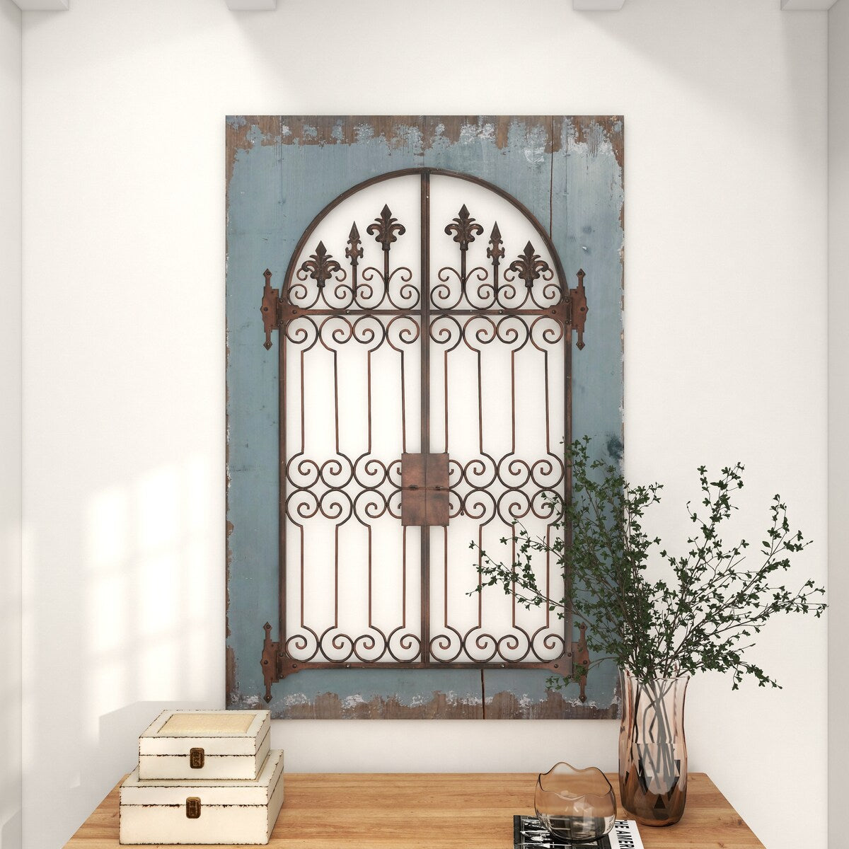 Wood Fleur De Lis Arched Windowpane Home Wall Decor with Rust Metal Scrolled Gate - Blue - Roche River Decor