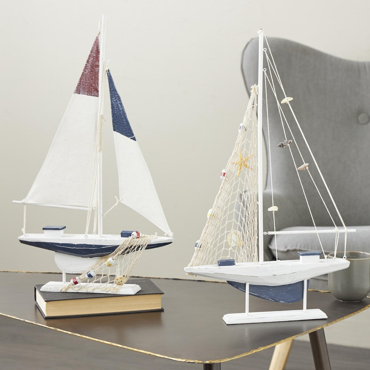 Wood Sail Boat Handmade Decorative Sculpture - Set of 2 White - Roche River Decor