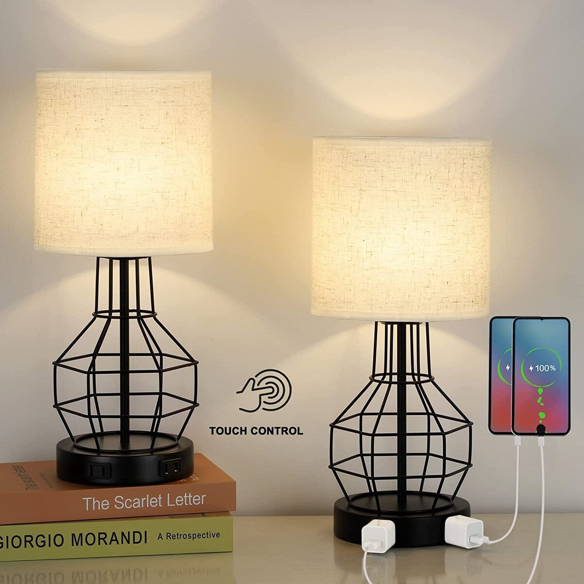 2 Pack Bedside Touch Control Table Lamp with 2 AC Outlets - 2PCS