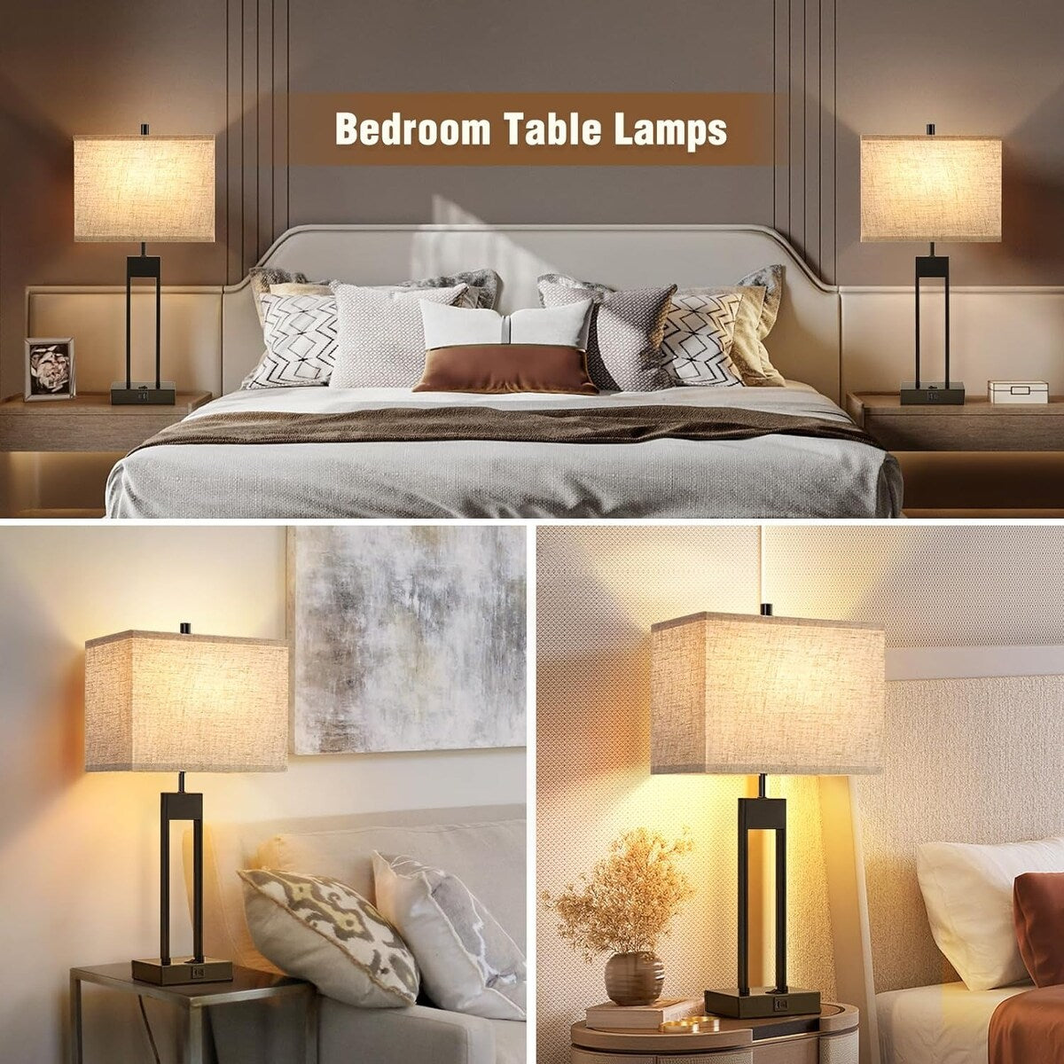 Table Lamps with 2 USB Charging Ports, 3 Ways Dimmable Touch Control Nightstand Bedside Lamps Bedroom Decor