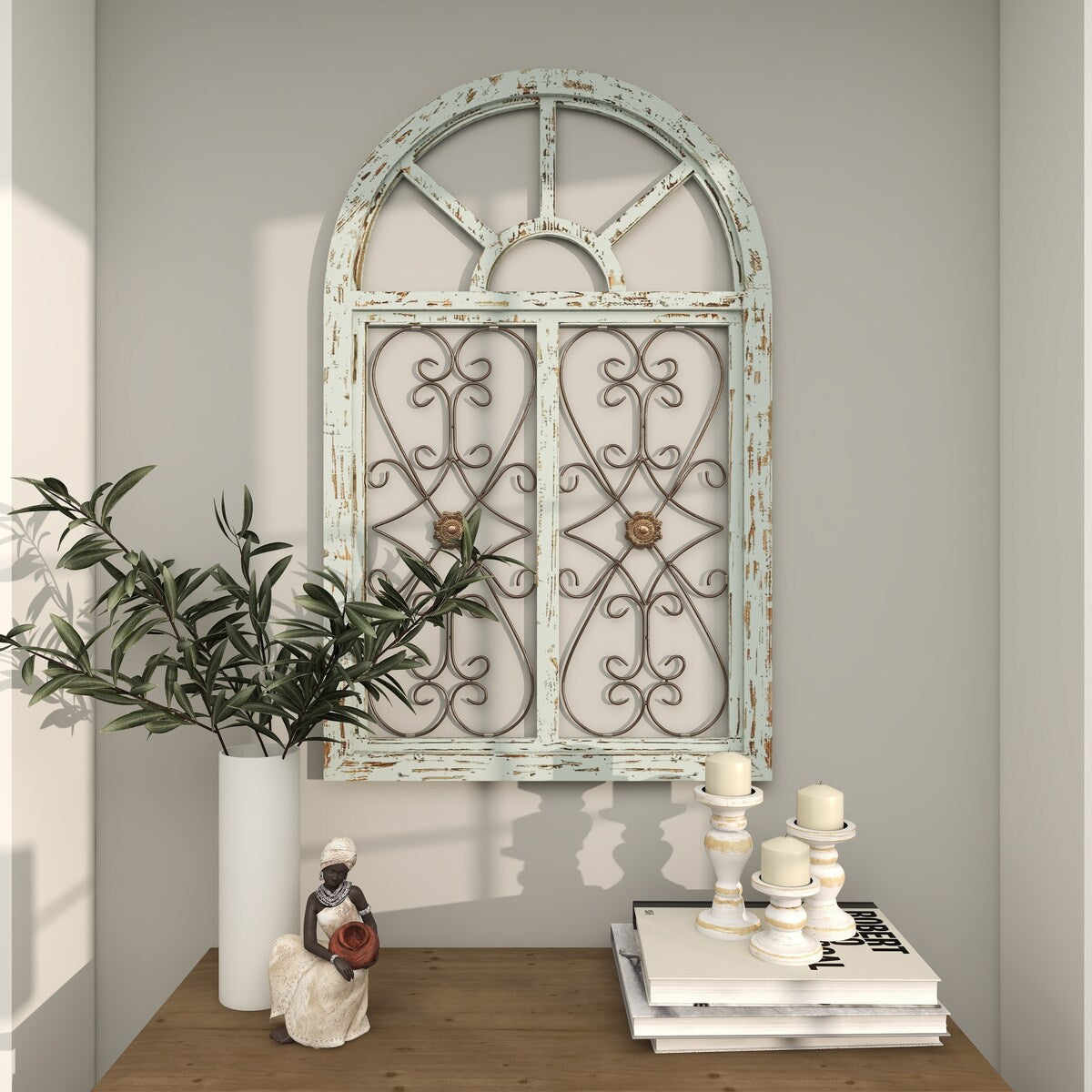 Wood Scroll Arched Window Inspired Home Wall Decor with Metal Scrollwork Relief - Light Blue - Roche River Decor