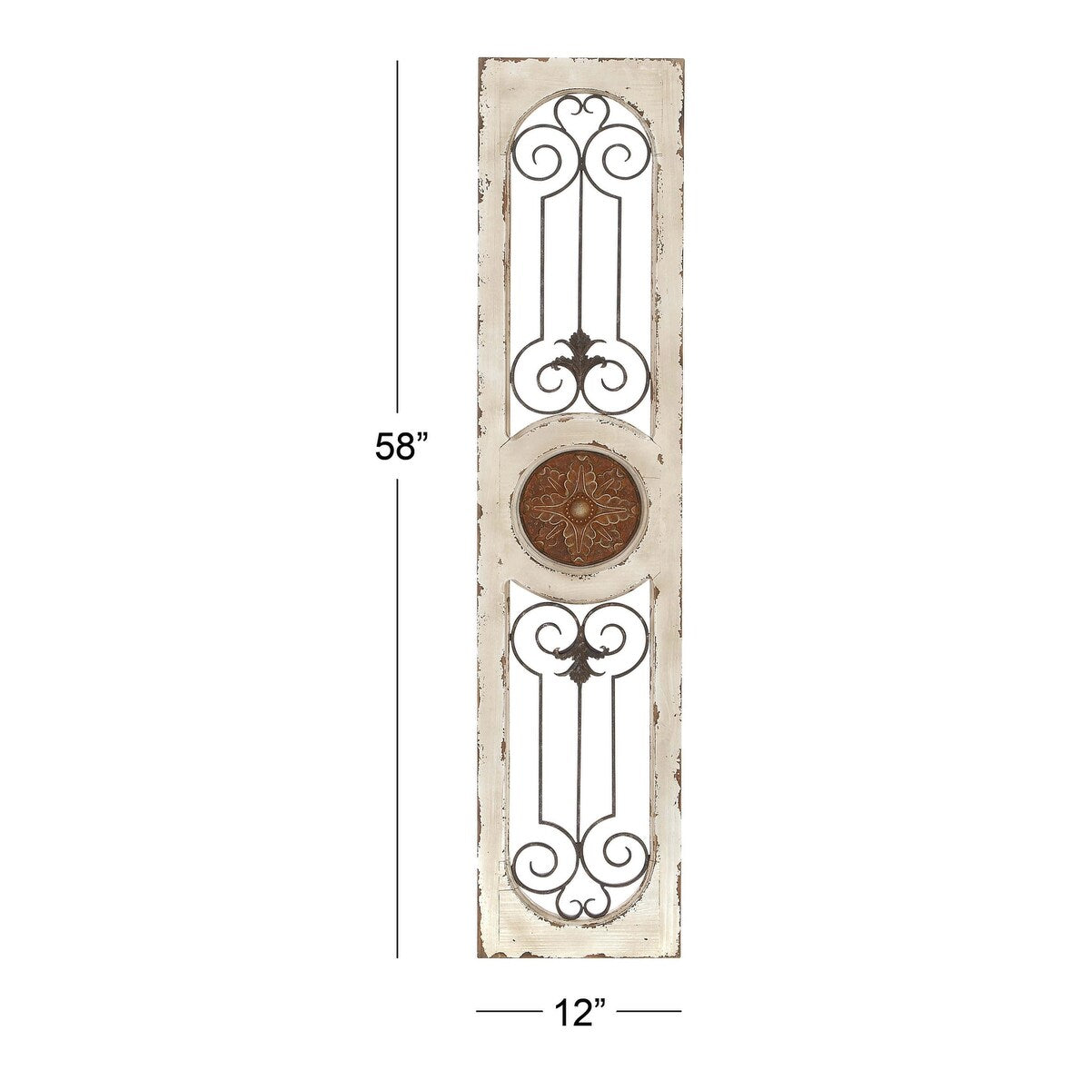 Wood Scroll Distressed Door Inspired Ornamental Home Wall Decor with Metal Wire Details - White - Roche River Decor