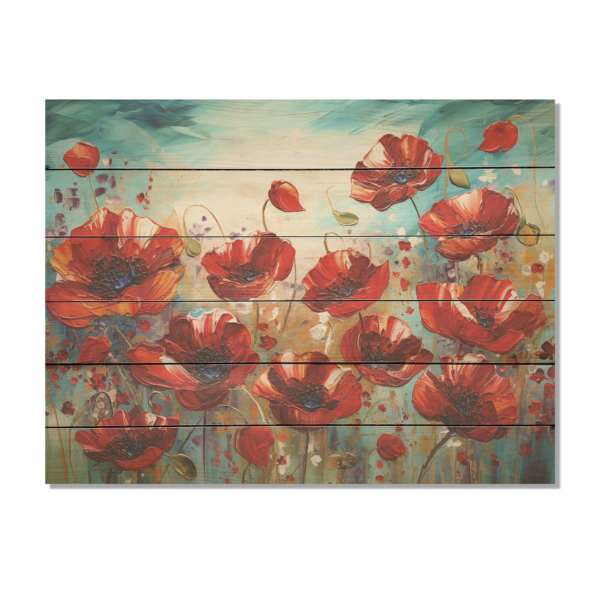 Designart Red Poppies Blossoming Flower Field Wood Wall Decor - Traditional Red Wood Panel On Natural Pine Wood