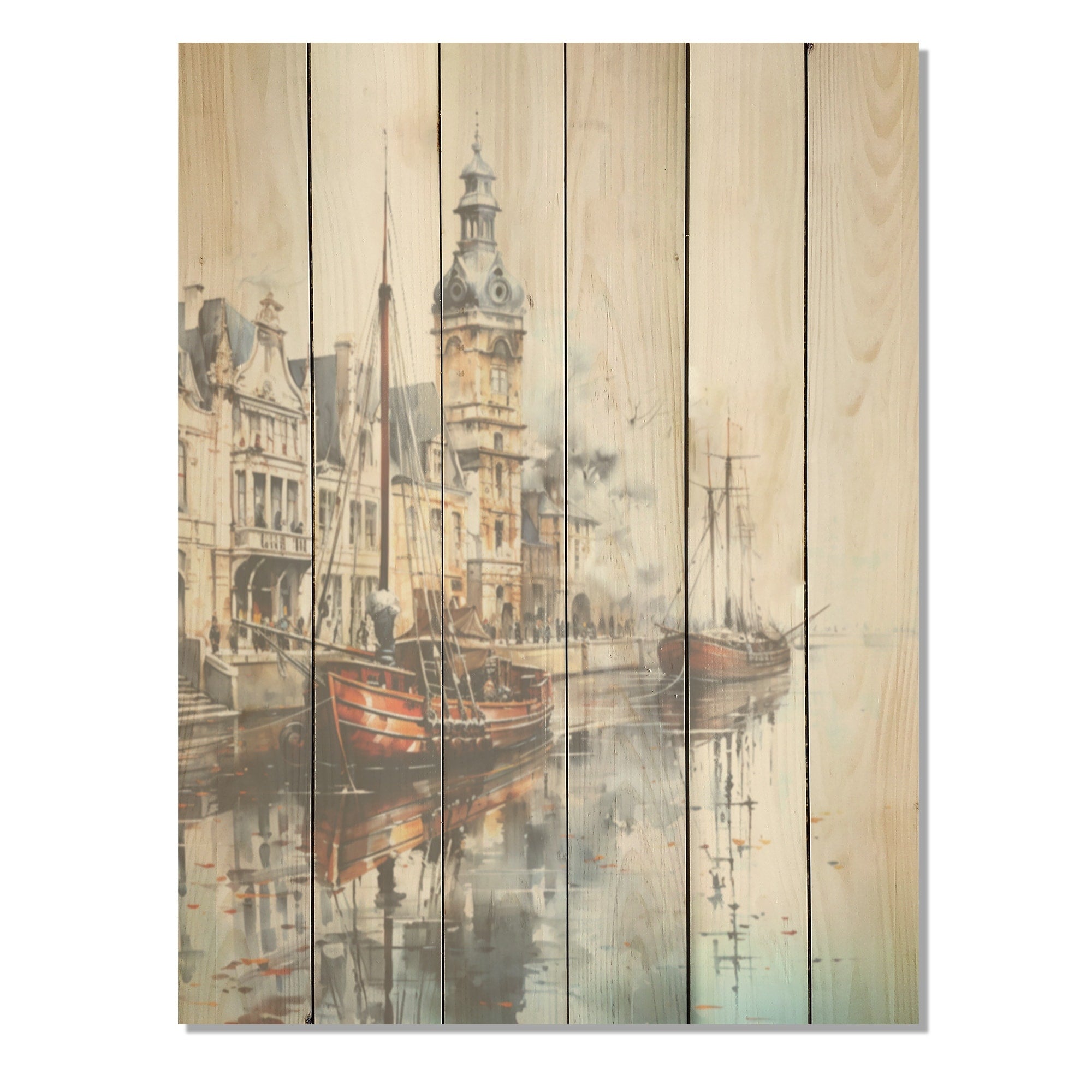 Designart Old Shipping Boat At The Port I Coastal Port Wood Wall Decor - Traditional Wood Panel On Natural Pine Wood