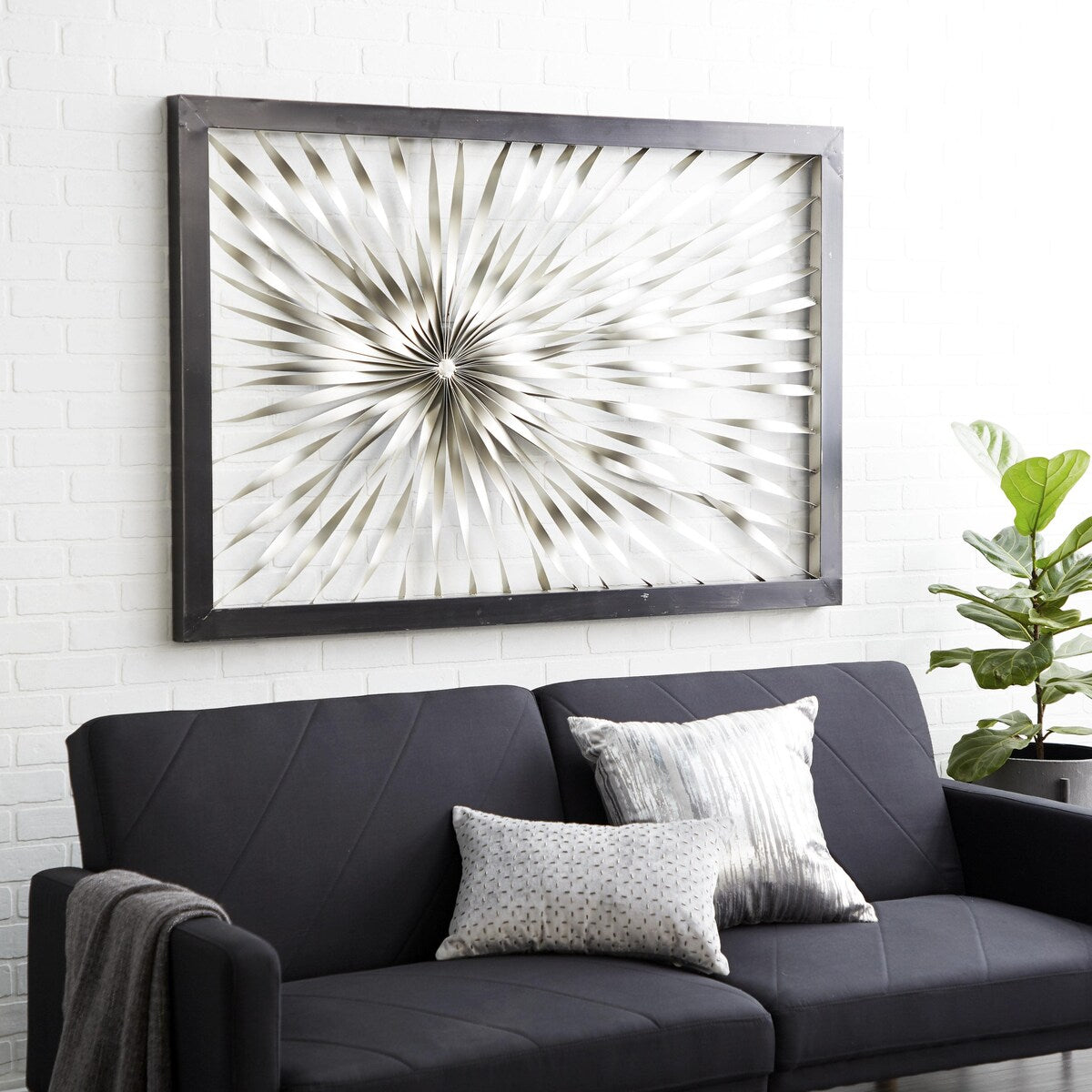 Metal Sunburst Coiled Ribbon Home Wall Decor with Black Frame - Silver - Roche River Decor