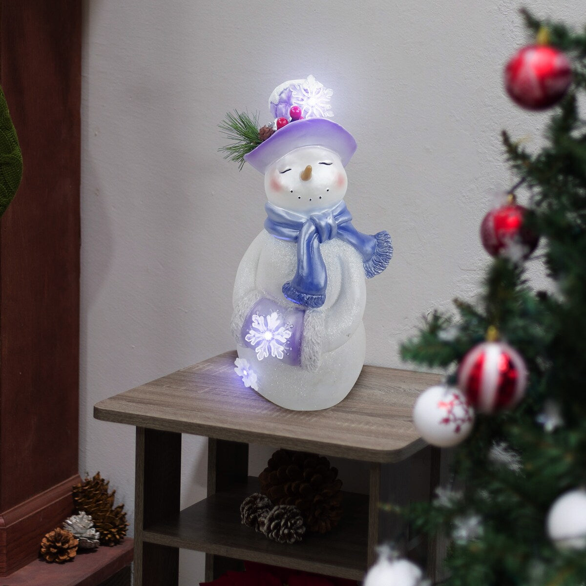 Lavender Winter Snowman Statue with Twinkle LED-SM - 14 H