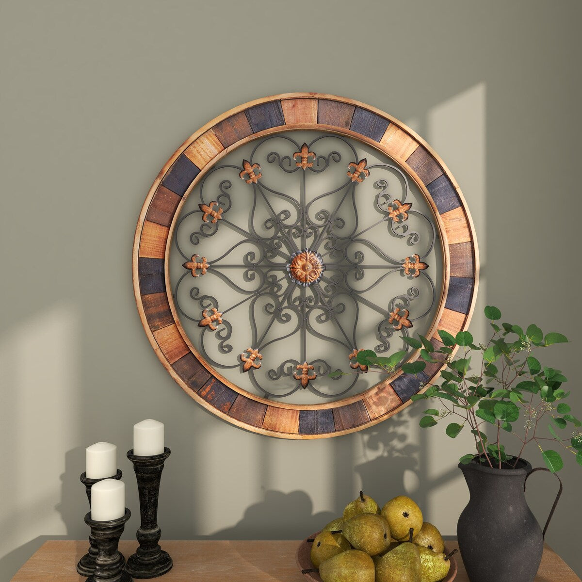 Wood Scroll Medallion Home Wall Decor with Metal Fleur-De-Lis Detail - Brown - Roche River Decor