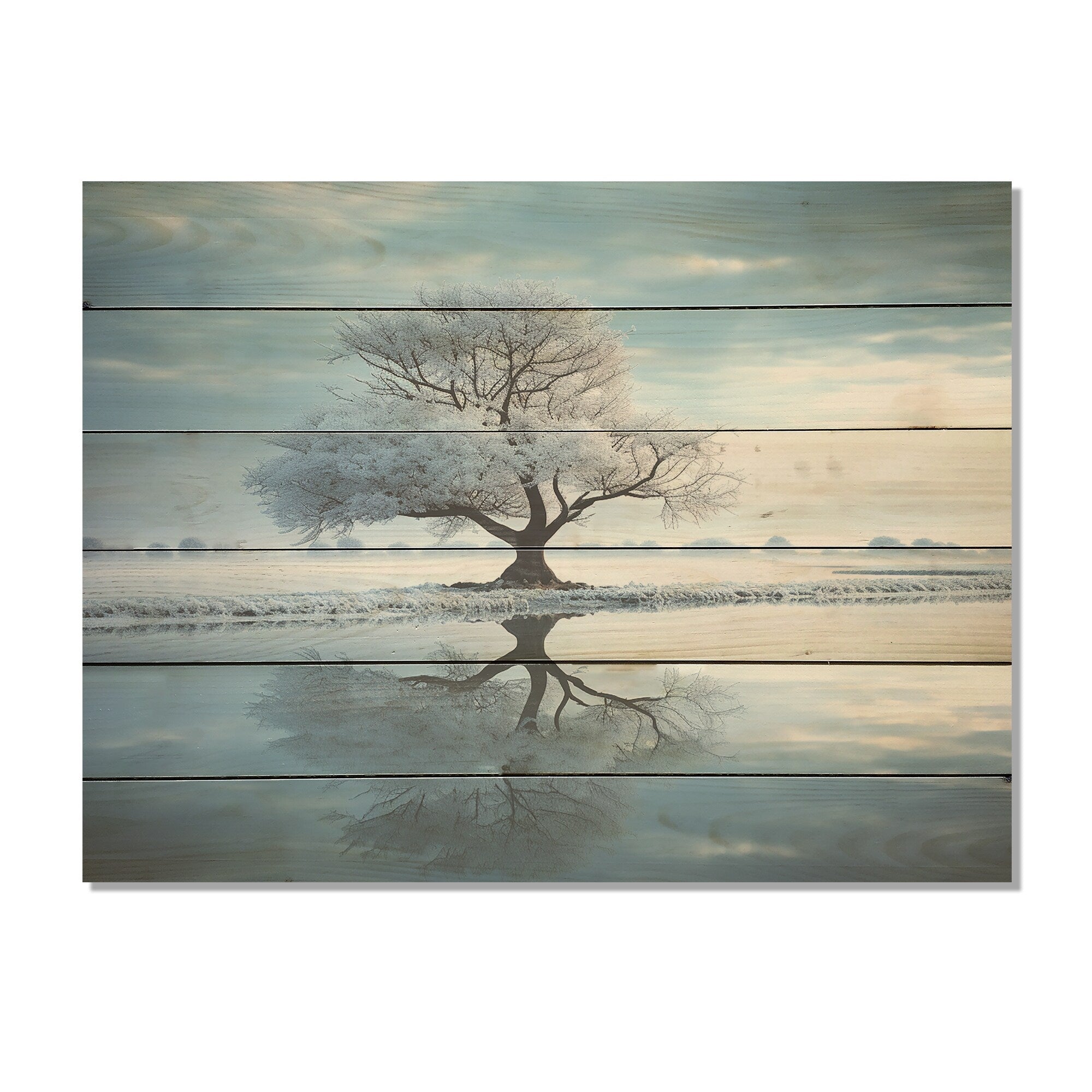 Designart Winter Landscape White By The Lake I Winter Landscape Wood Wall Decor Blue Wood Panel On Natural Pine Wood