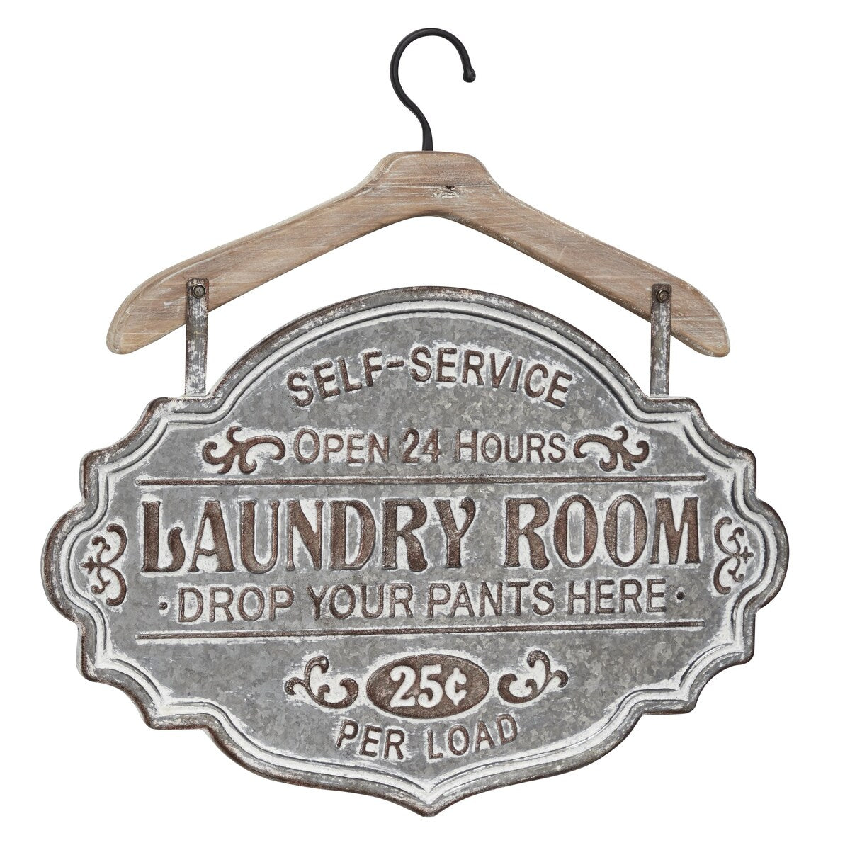 Metal Sign Laundry Room Home Wall Decor with Brown Wood Hanger - Gray - Roche River Decor