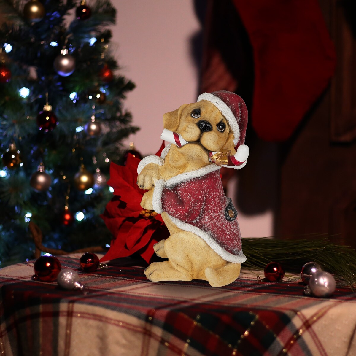 Christmas Santa Golden Labrador Puppy Statuary - 11 H