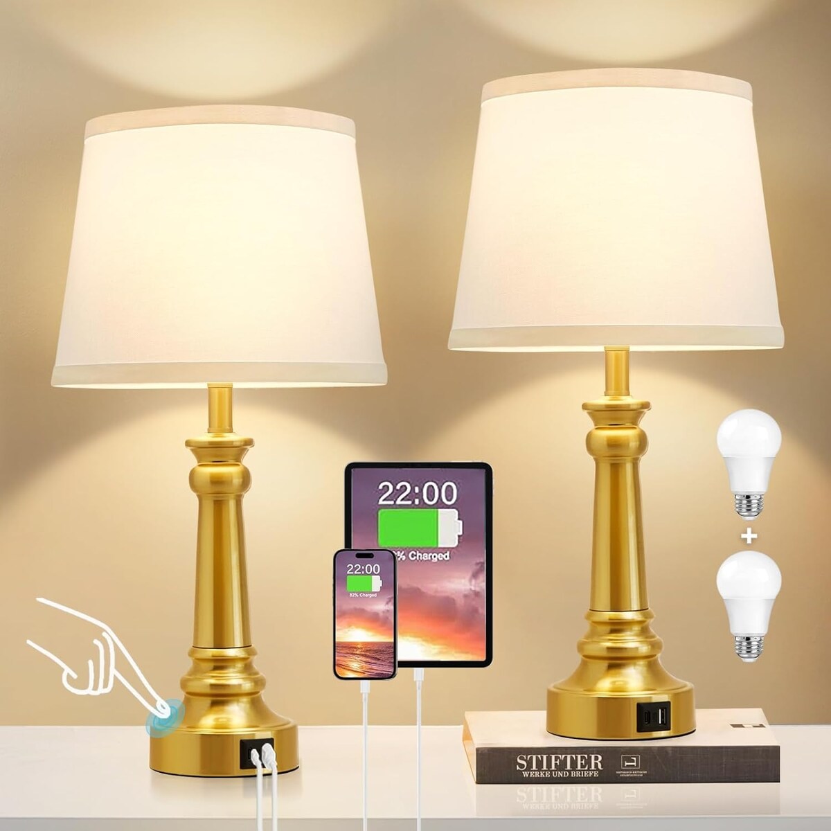 Table Lamps with 2 USB Charging Ports, 3 Ways Dimmable Touch Control Nightstand Bedside Lamps Bedroom Decor