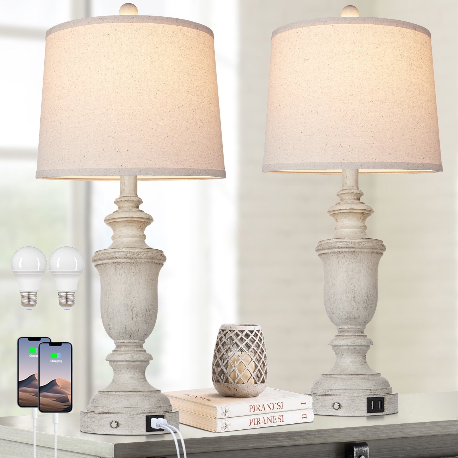 White Resin Table Lamps USB Charging Ports 3-Way Touch Switch (Set of 2) - 12.5'' x 12.5'' x 25.6'' (L x W x H)