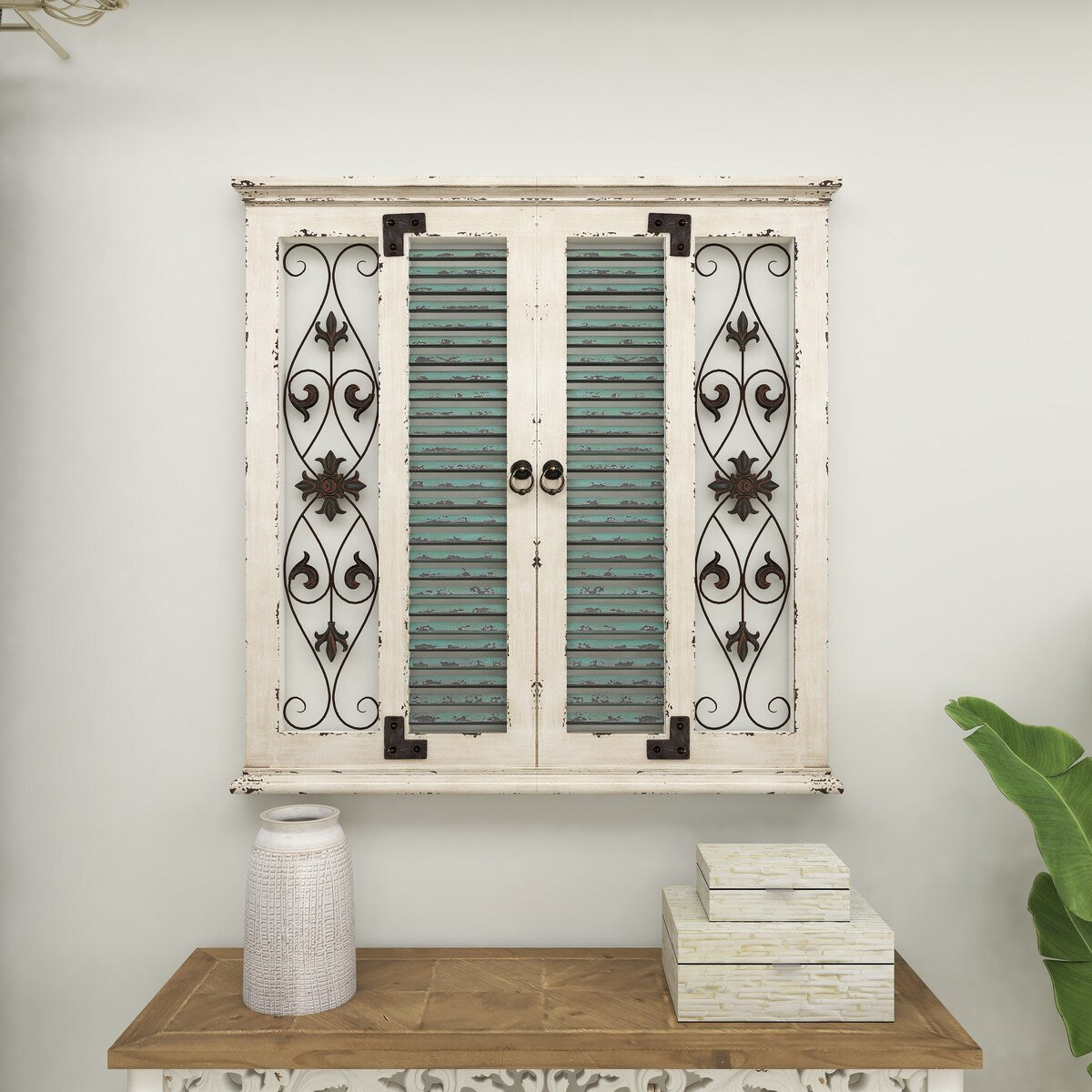 Wooden Scroll Window Shutter Home Wall Decor with Metal Scrollwork Relief - Beige - Roche River Decor