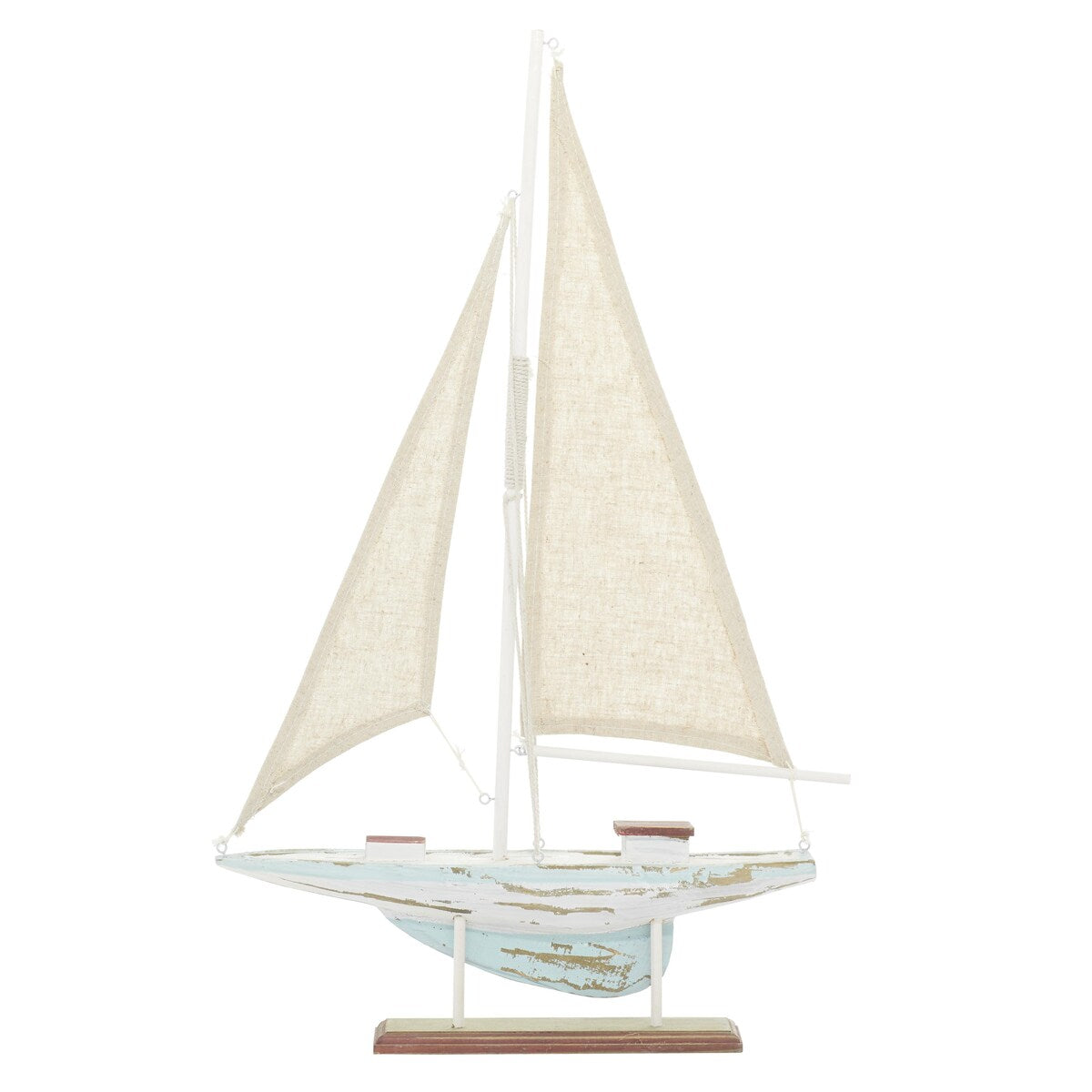 Wood Sail Boat Distressed Decorative Sculpture with Cream Linen Sails and Brown Accents - Blue - Roche River Decor