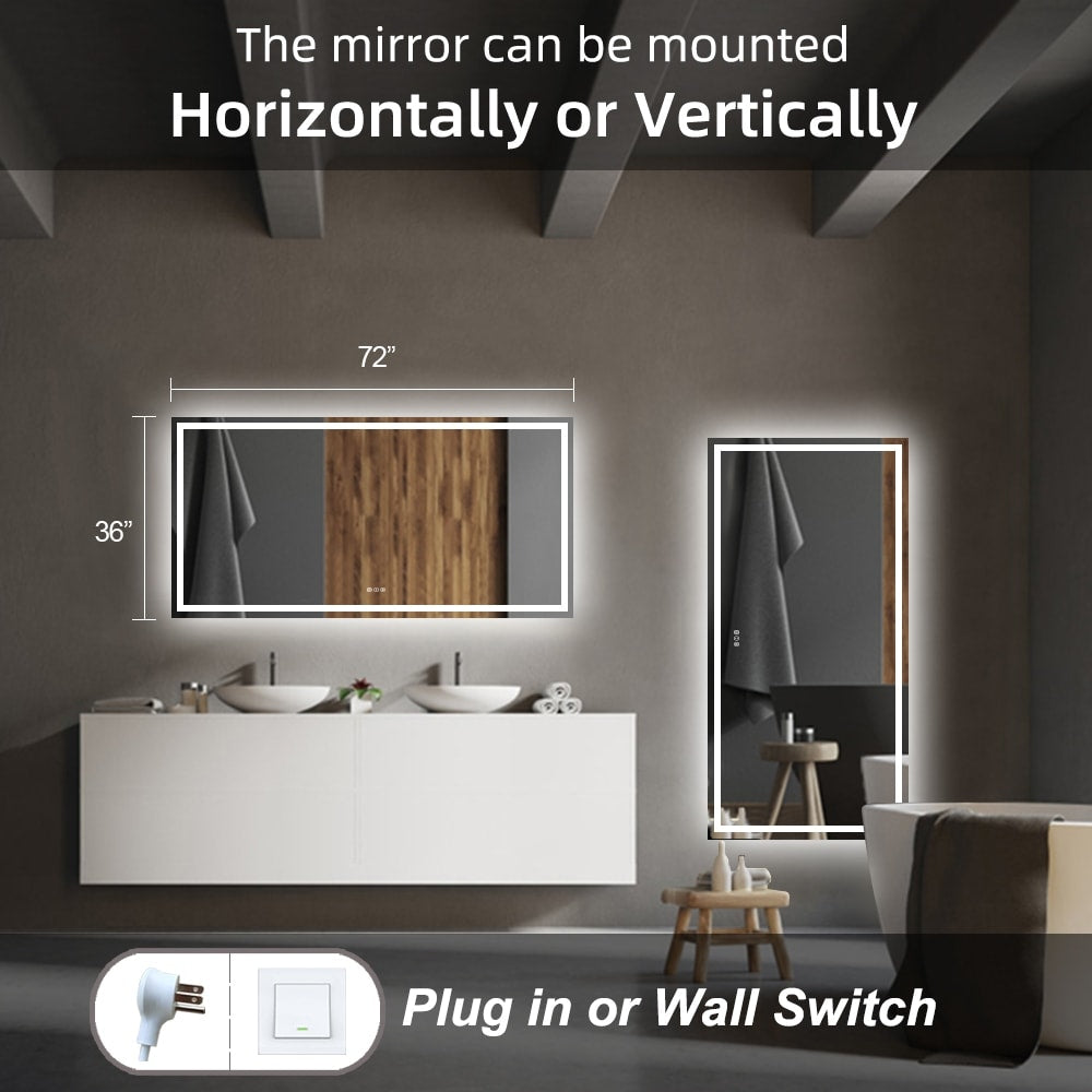 Apmir Full Size Frameless Front and Back LED Lighted Bathroom Vanity Mirror Anti-Fog in Tempered Glass & ETL