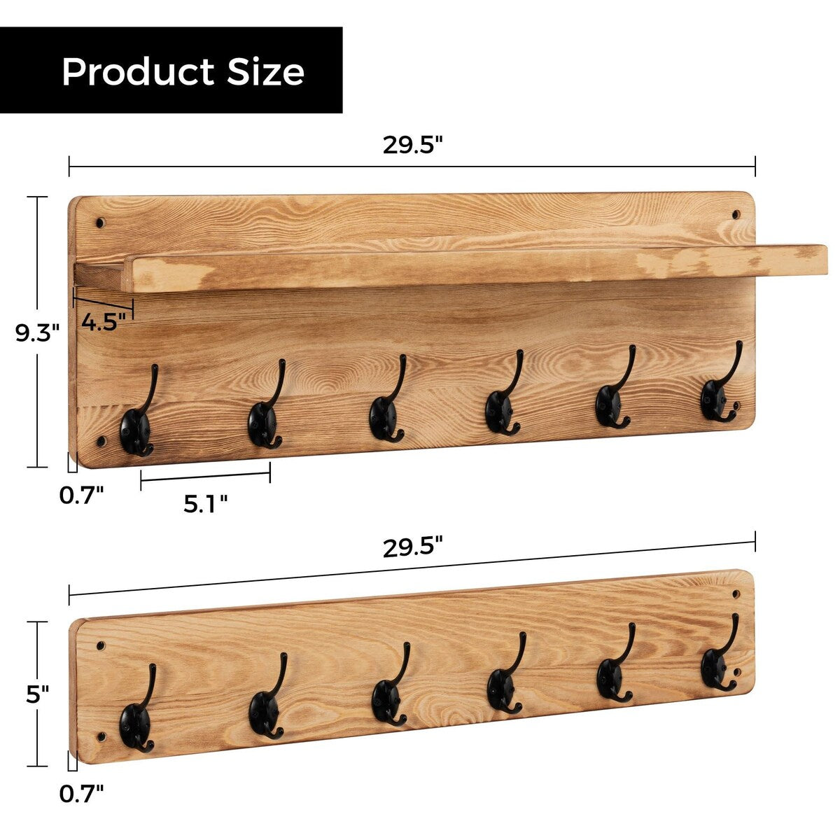 Solid Wood Wall 12 - Hook Coat Rack with Shelf