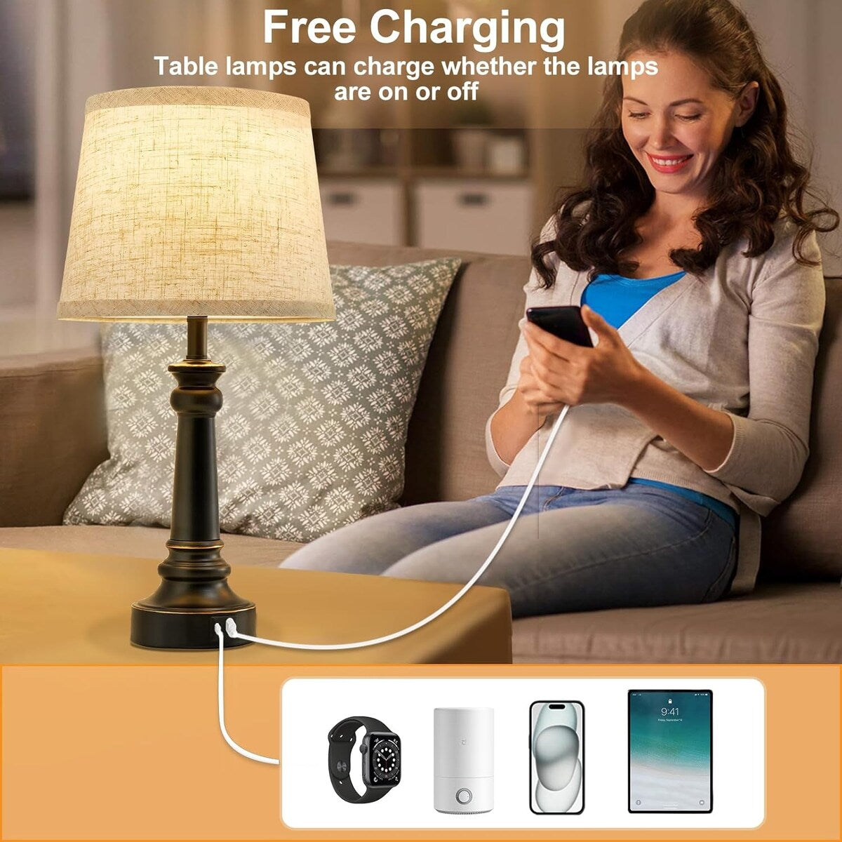 Table Lamps with 2 USB Charging Ports, 3 Ways Dimmable Touch Control Nightstand Bedside Lamps Bedroom Decor