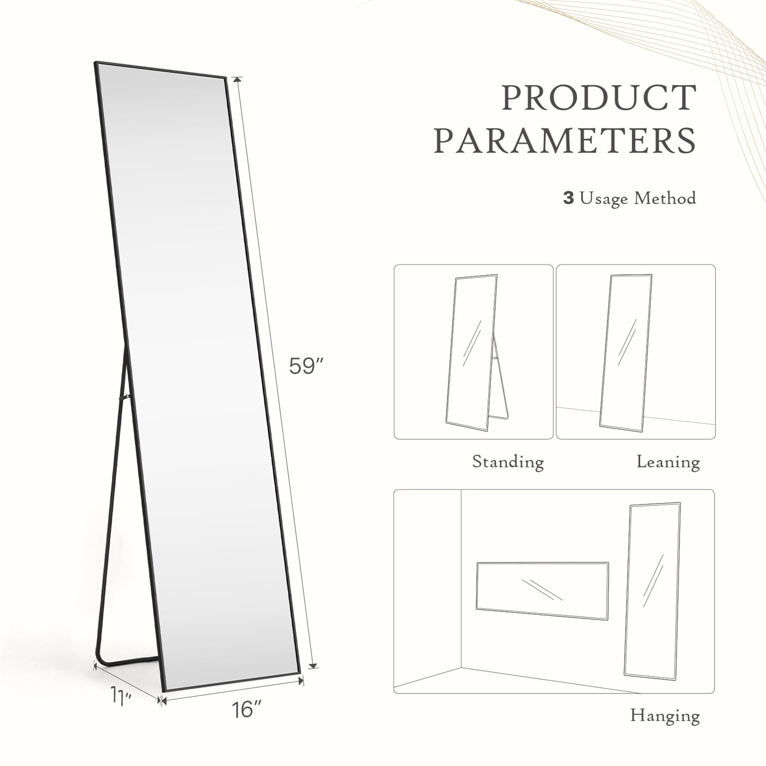 Full Length Mirror with Stand, Floor Mirror with Aluminum Alloy Frame for Bedroom, Standing Full Body Mirror for Wall, Cloakroom