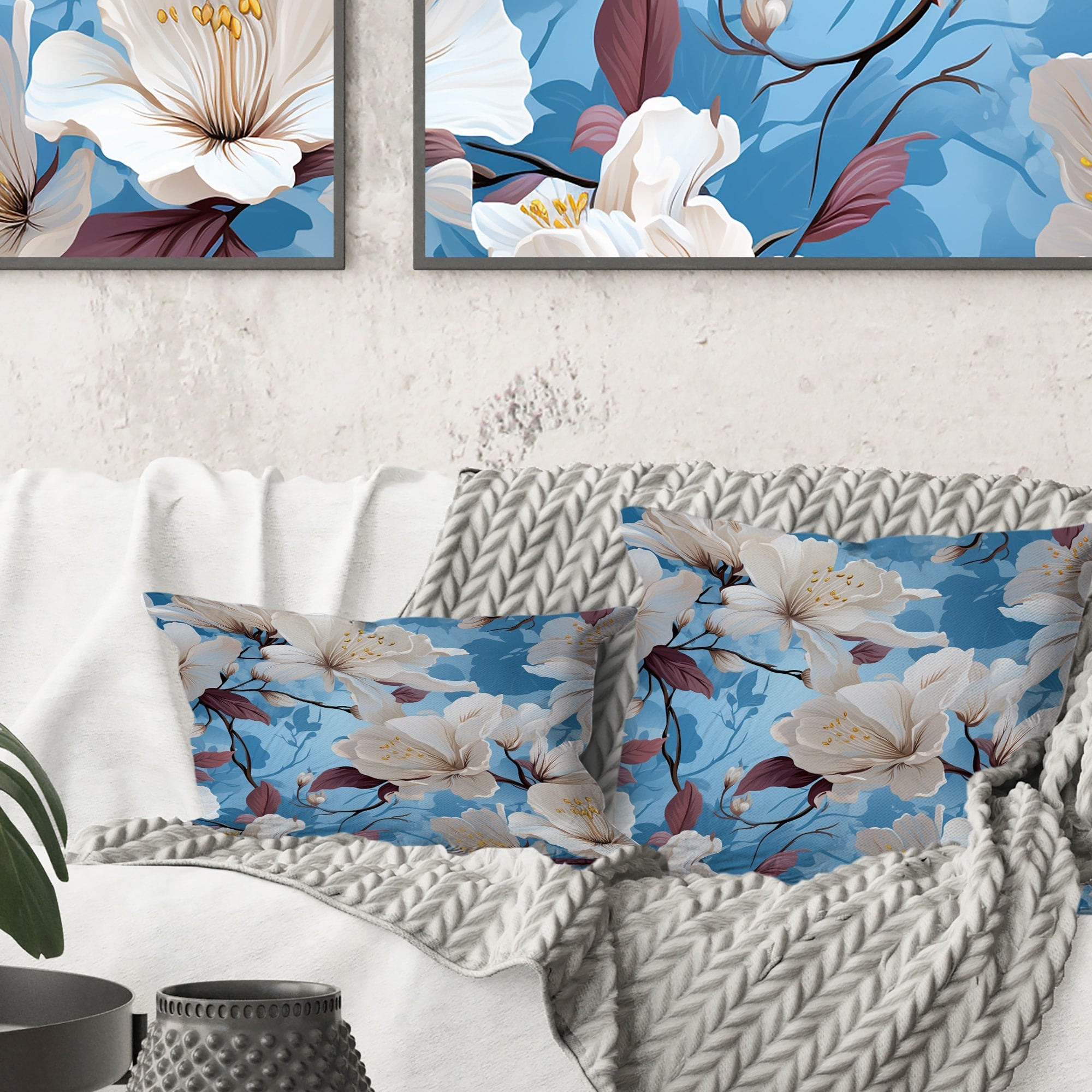 Designart Mediterranean Dreams Blue Floral Pattern I Floral Printed Throw Pillow