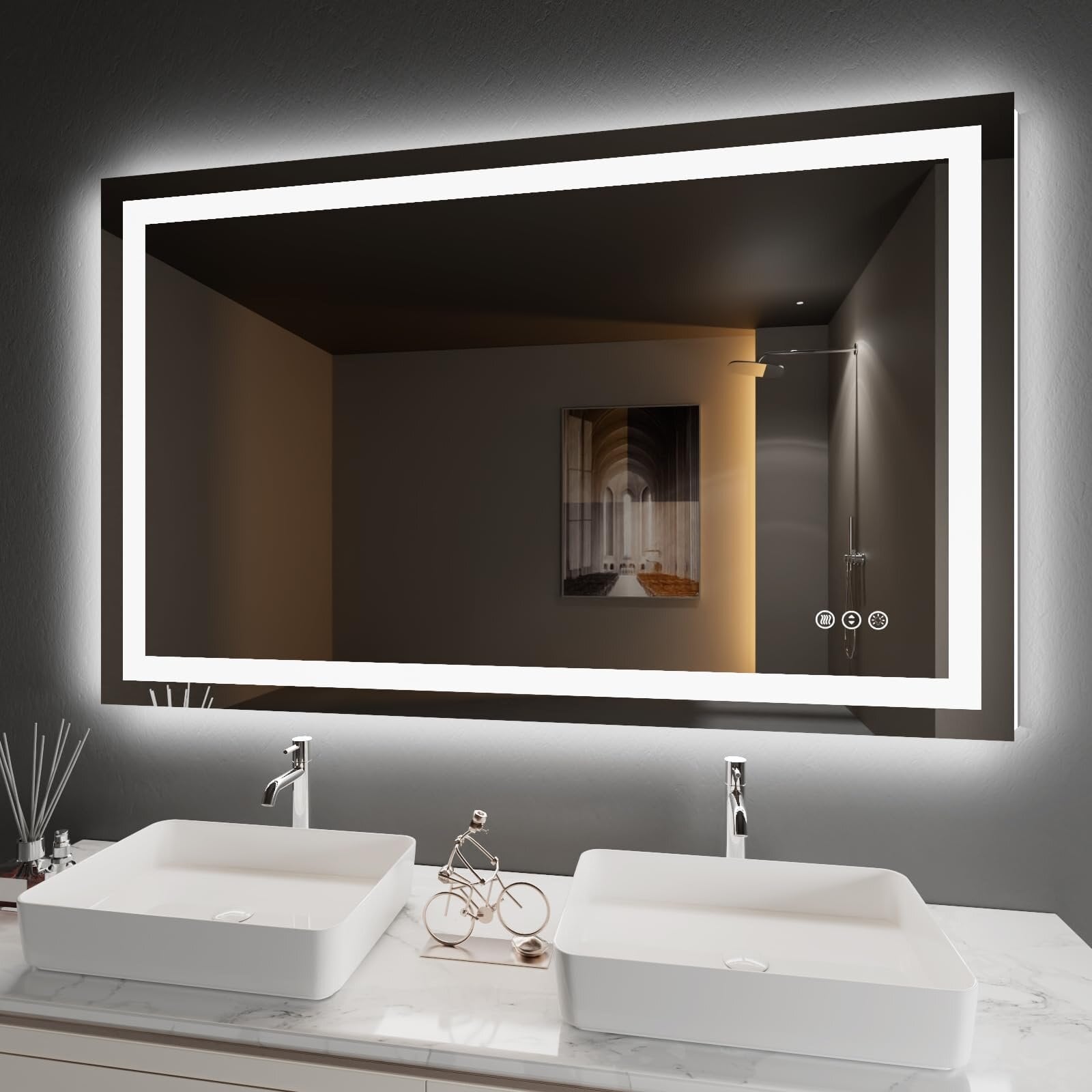 Apmir Full Size Frameless Front and Back LED Lighted Bathroom Vanity Mirror Anti-Fog in Tempered Glass & ETL