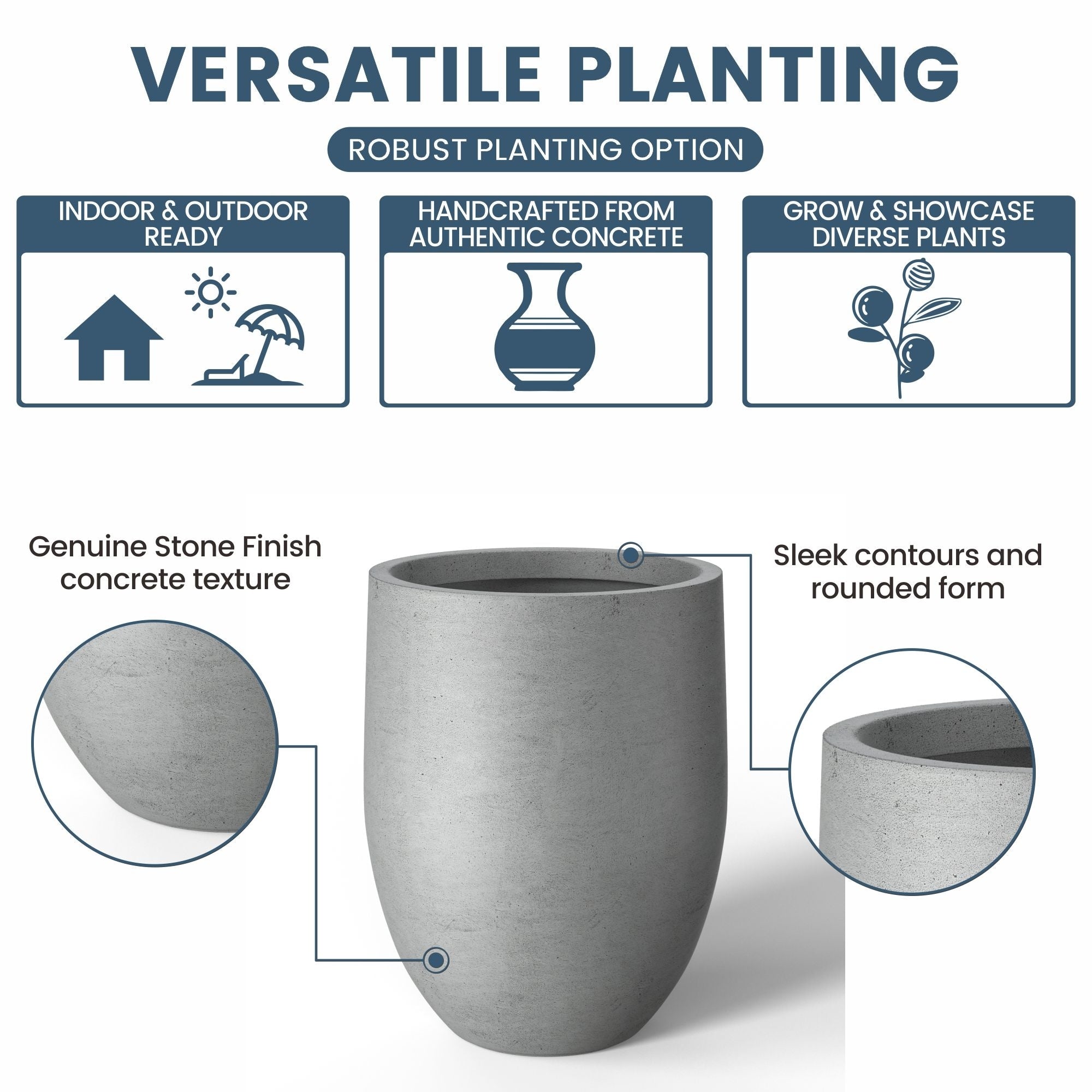 Tall Concrete Round Plant Pots / Large Indoor and Outdoor flower Planters