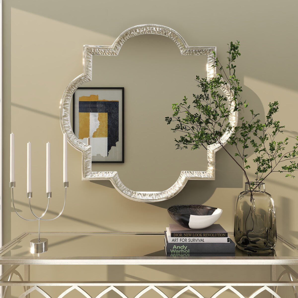 Aluminum Metal Quatrefoil Engraved Room Wall Mirror - Gray - Roche River Decor