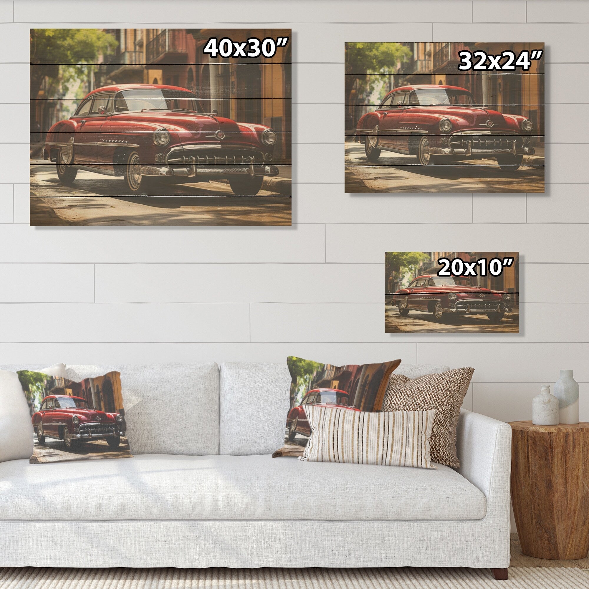 Designart Cuba Classic Iconic Car Cuba Landscape Wood Wall Decor - Traditional Red Wood Panel On Natural Pine Wood