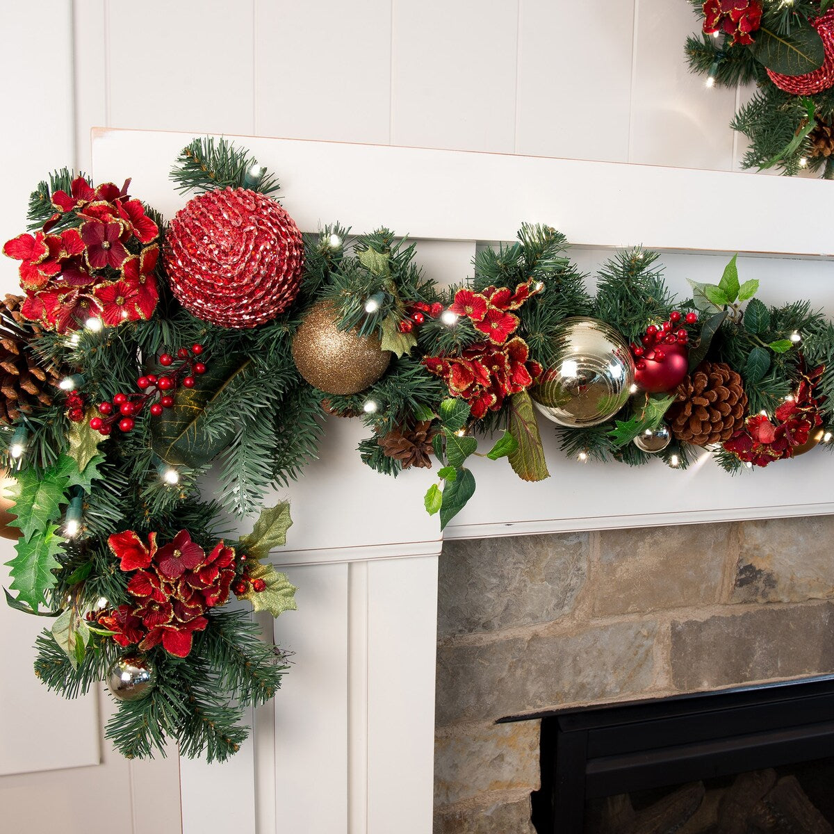 9 ft. Artificial Christmas Garland with Lights - Scarlet Hydrangea - Red