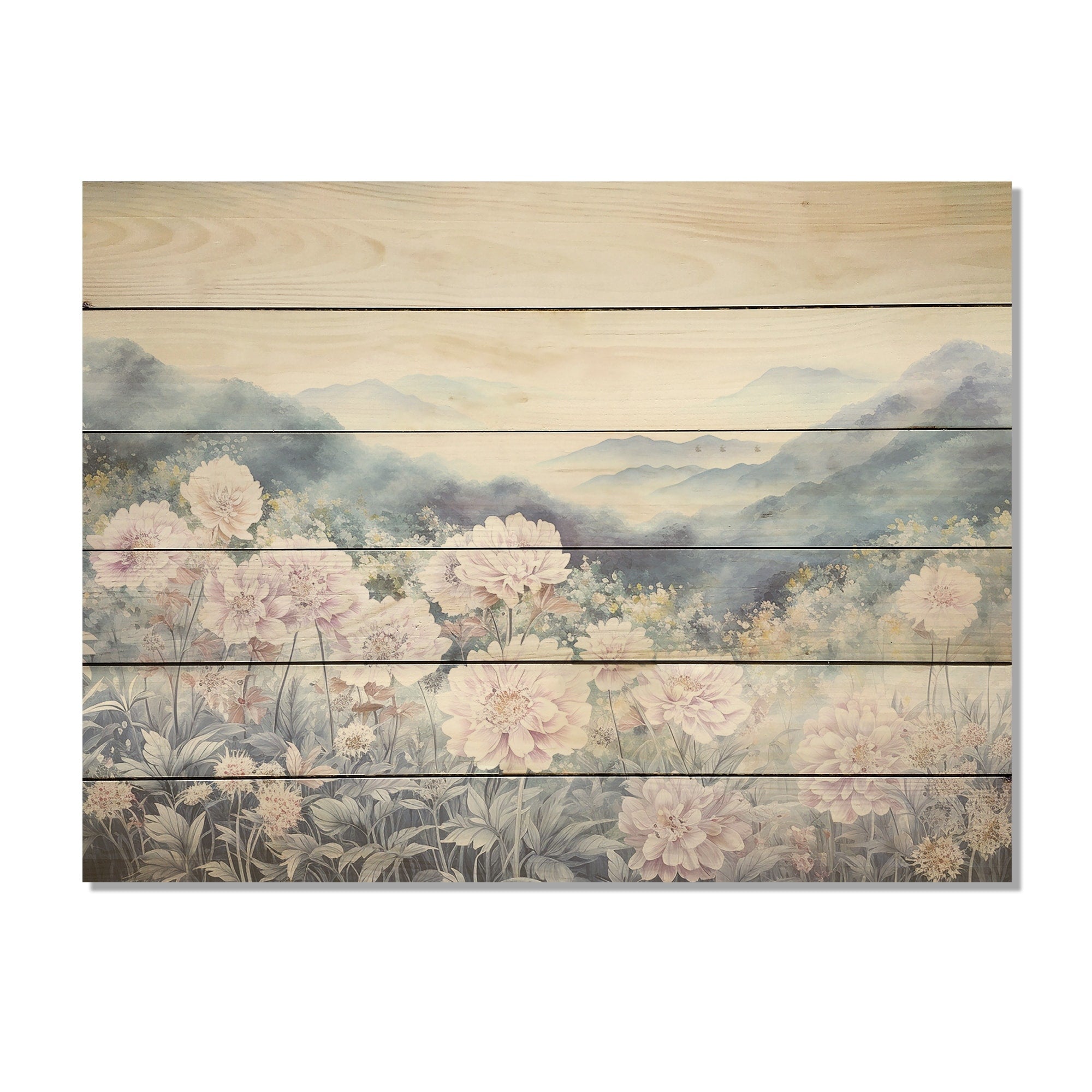 Designart Mums Flowers In Mountain Scenery I Flowers Wood Wall Decor Traditional Pink Wood Panel On Natural Pine Wood