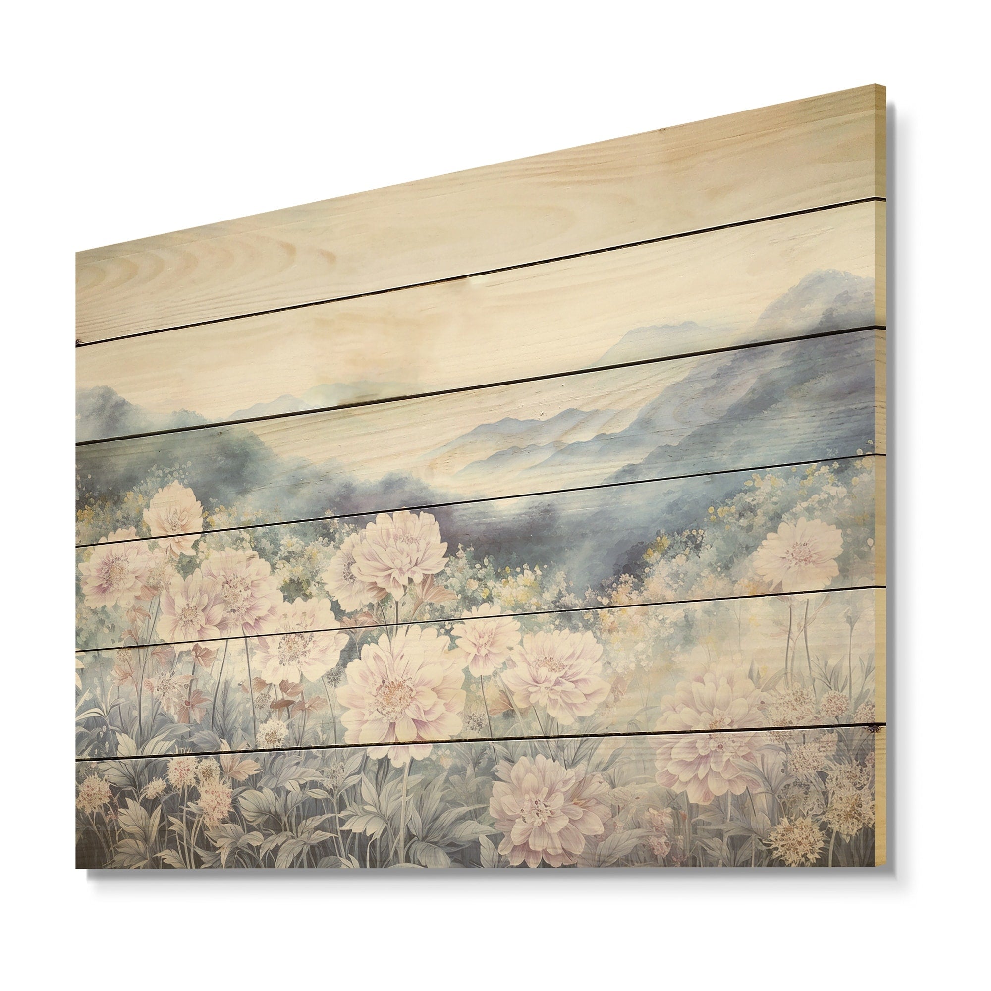 Designart Mums Flowers In Mountain Scenery I Flowers Wood Wall Decor Traditional Pink Wood Panel On Natural Pine Wood