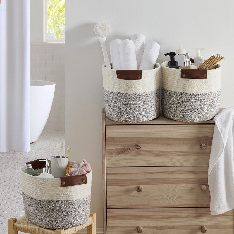 3 Pack Woven Cotton Rope Shelf Storage Basket with Leather Handles, Baby Nursery Storage Bin Organizers, Closet Shelf Storage