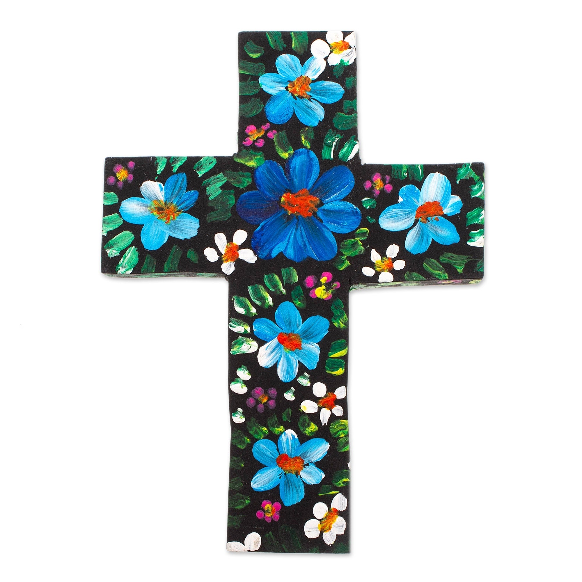 Novica Handmade Cyan Prayers Wood Cross