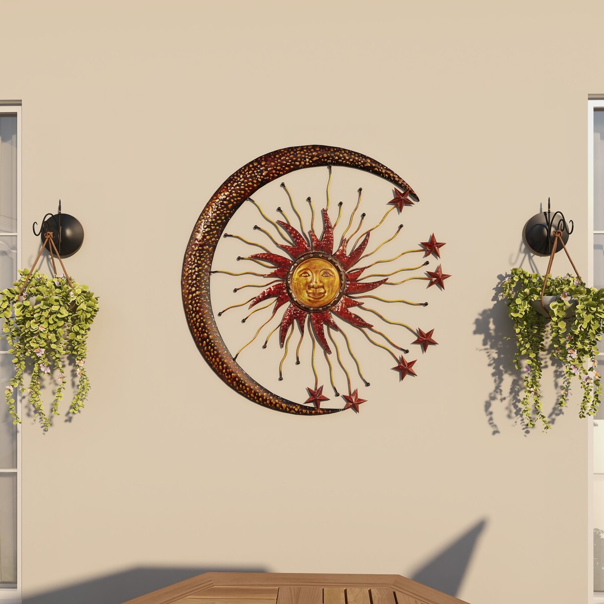 Metal Sun and Moon Indoor Outdoor Home Wall Decor with Stars - Copper - Roche River Decor