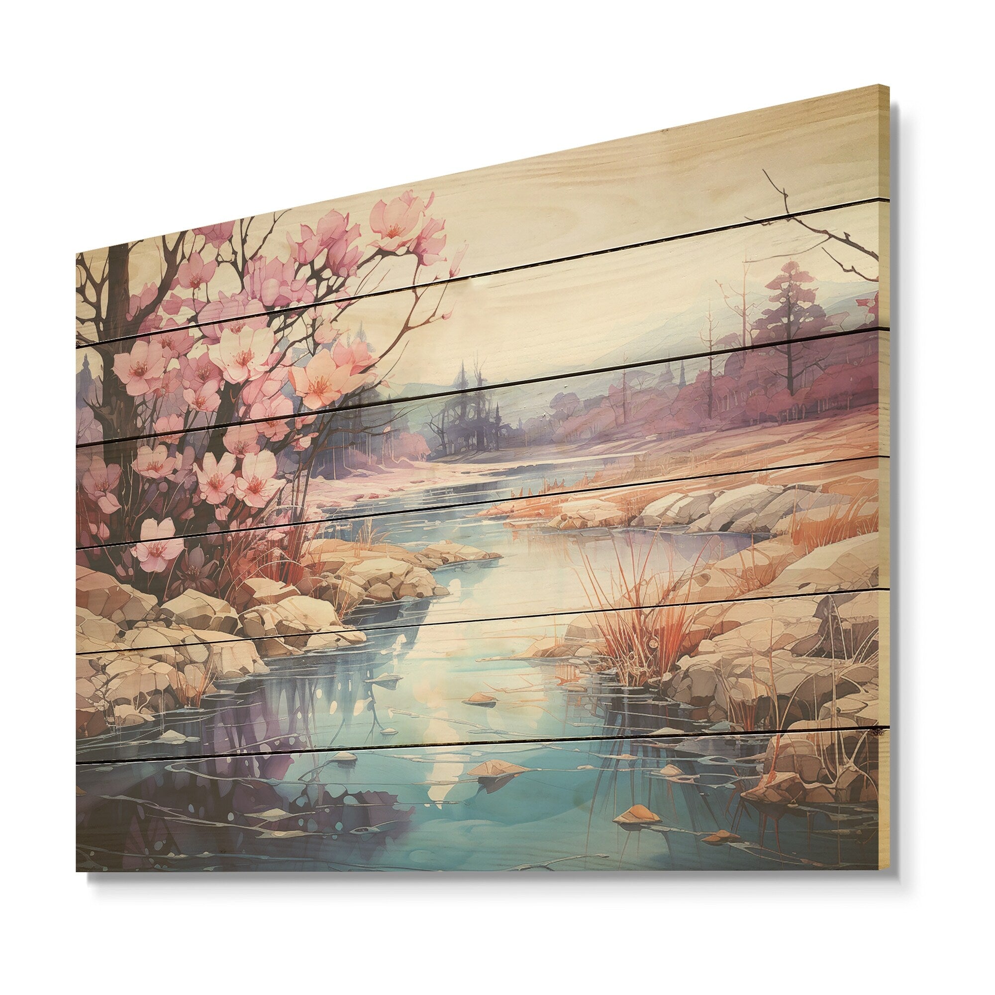 Designart Alcohol Ink River Tranquility Countryside Wood Wall Decor - Country Pink Wood Panel On Natural Pine Wood